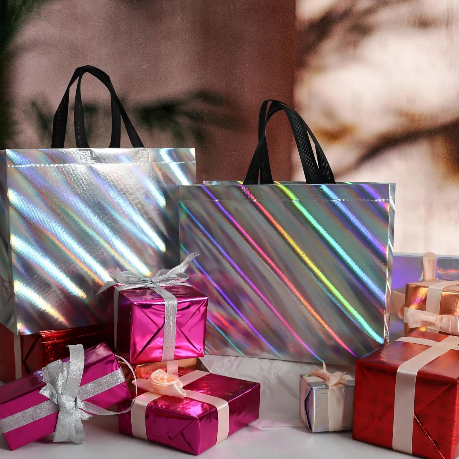 cabzymx 16 Pcs Unique Dazzling Silver Reusable Gift Bags with Handles & Bases, Shiny Non-woven Holiday Goodie Bags Bulk for Birthday, Wedding, Party- 12.6x4.7x11 In