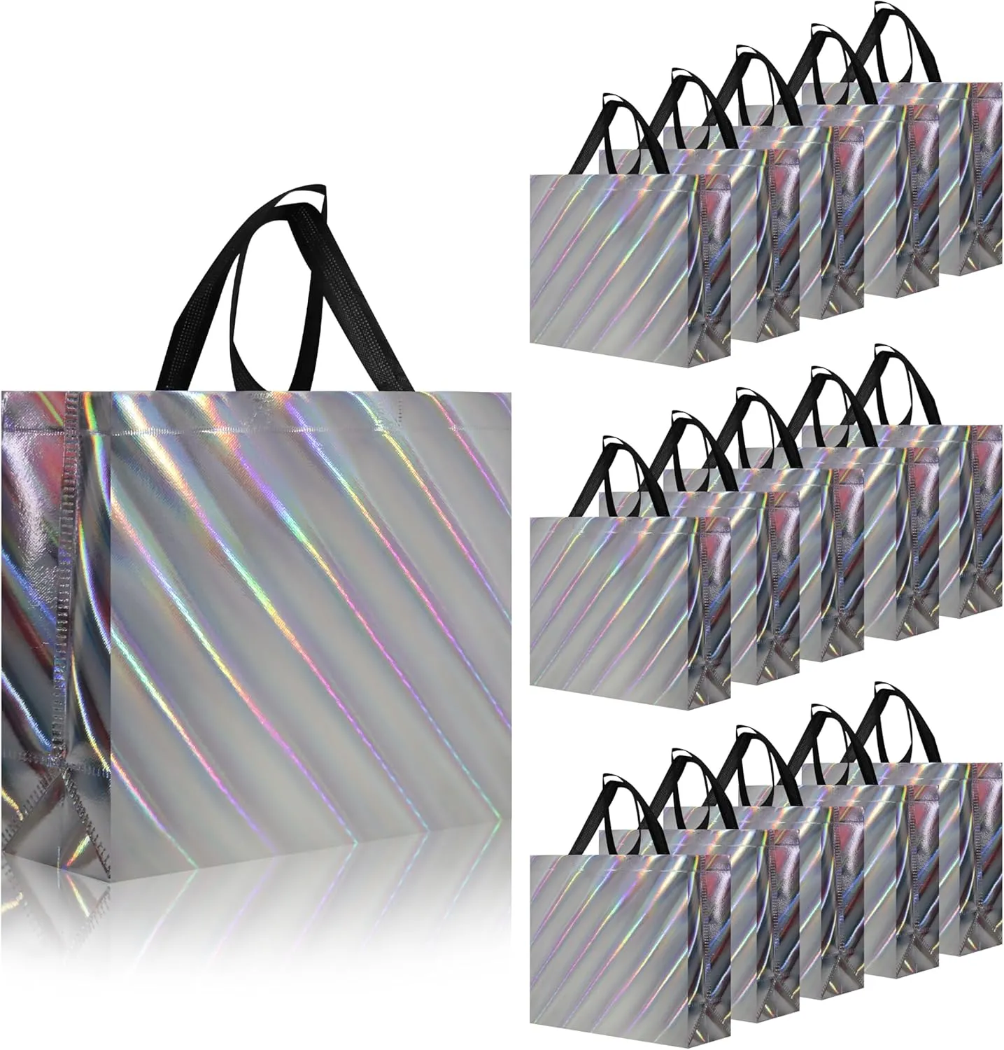cabzymx 16 Pcs Unique Dazzling Silver Reusable Gift Bags with Handles & Bases, Shiny Non-woven Holiday Goodie Bags Bulk for Birthday, Wedding, Party- 12.6x4.7x11 In