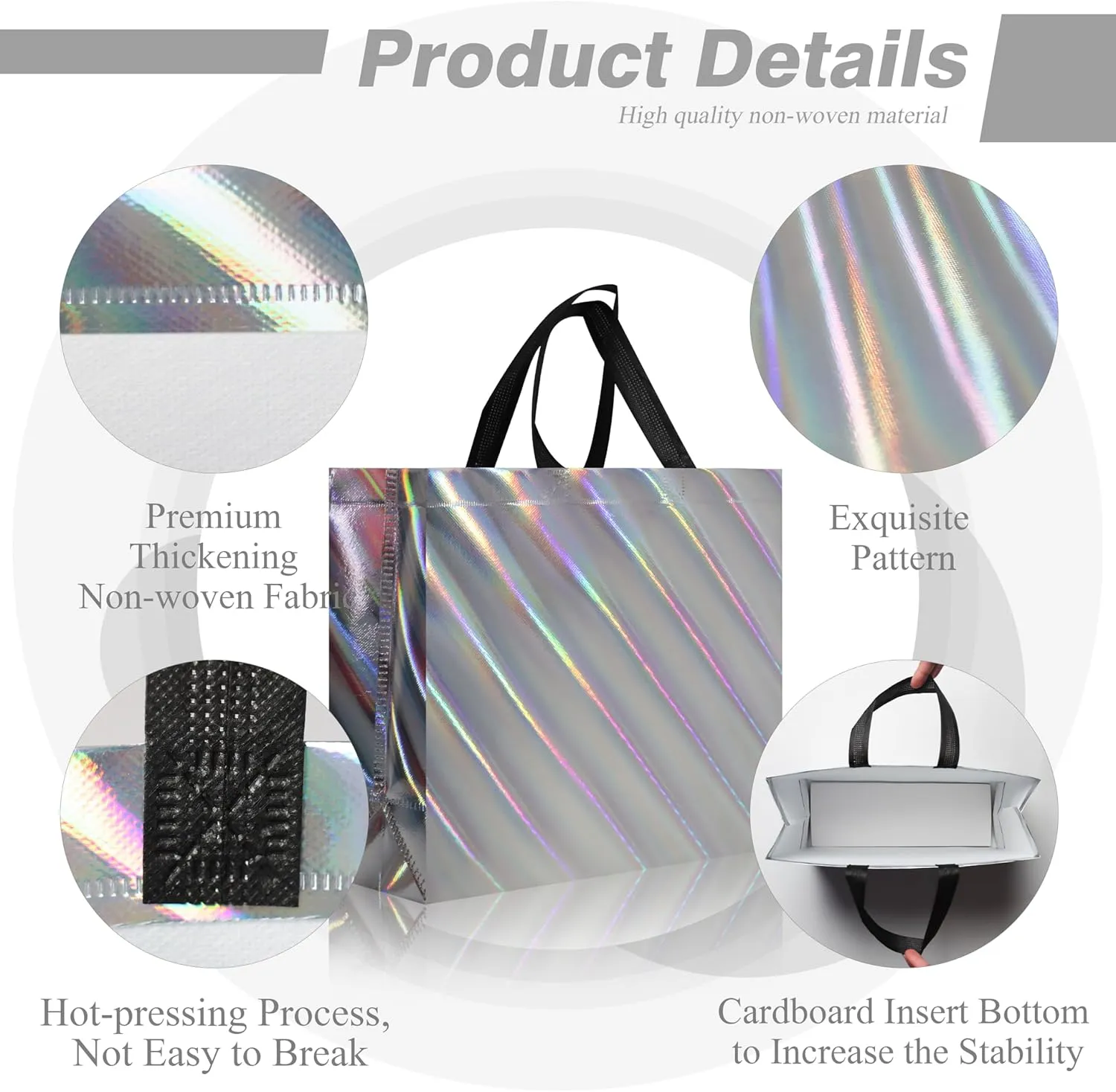 cabzymx 16 Pcs Unique Dazzling Silver Reusable Gift Bags with Handles & Bases, Shiny Non-woven Holiday Goodie Bags Bulk for Birthday, Wedding, Party- 12.6x4.7x11 In