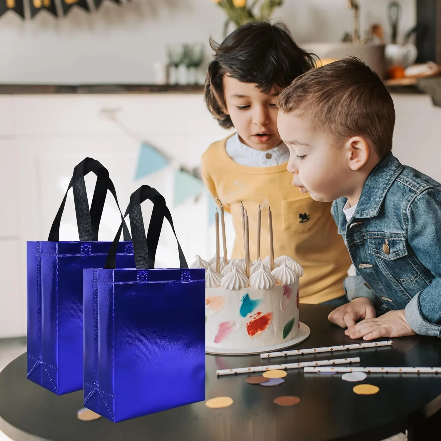 cabzymx 18 pcs Glossy Blue Small Gift Bags, 8 x 3.9 x 9.8 In Reusable Goodie Bag Bulk with Sturdy Base, Non-woven Holiday Gift Bags for Birthday, Wedding, Party, Easter