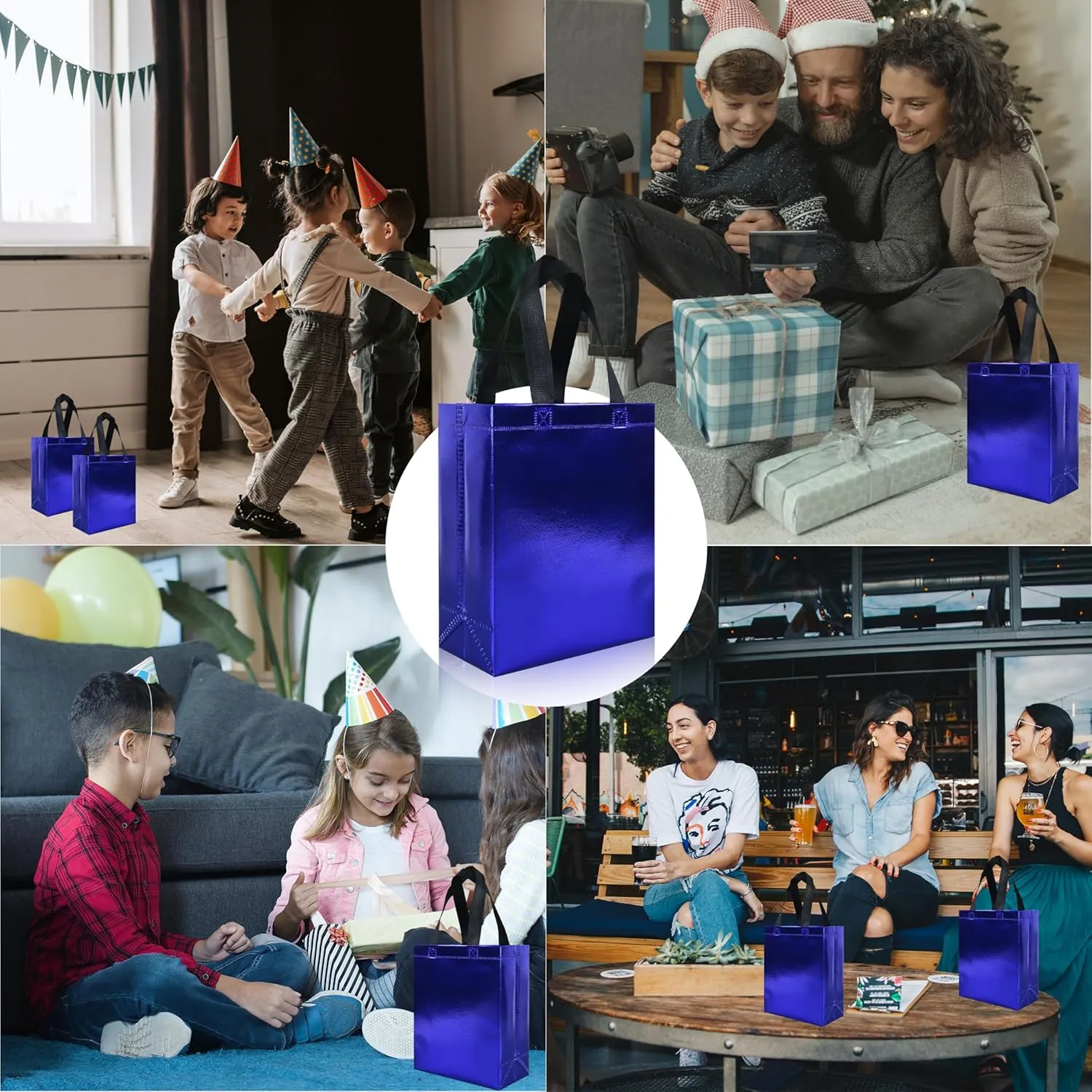 cabzymx 18 pcs Glossy Blue Small Gift Bags, 8 x 3.9 x 9.8 In Reusable Goodie Bag Bulk with Sturdy Base, Non-woven Holiday Gift Bags for Birthday, Wedding, Party, Easter