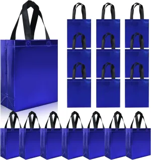 cabzymx 18 pcs Glossy Blue Small Gift Bags, 8 x 3.9 x 9.8 In Reusable Goodie Bag Bulk with Sturdy Base, Non-woven Holiday Gift Bags for Birthday, Wedding, Party, Easter