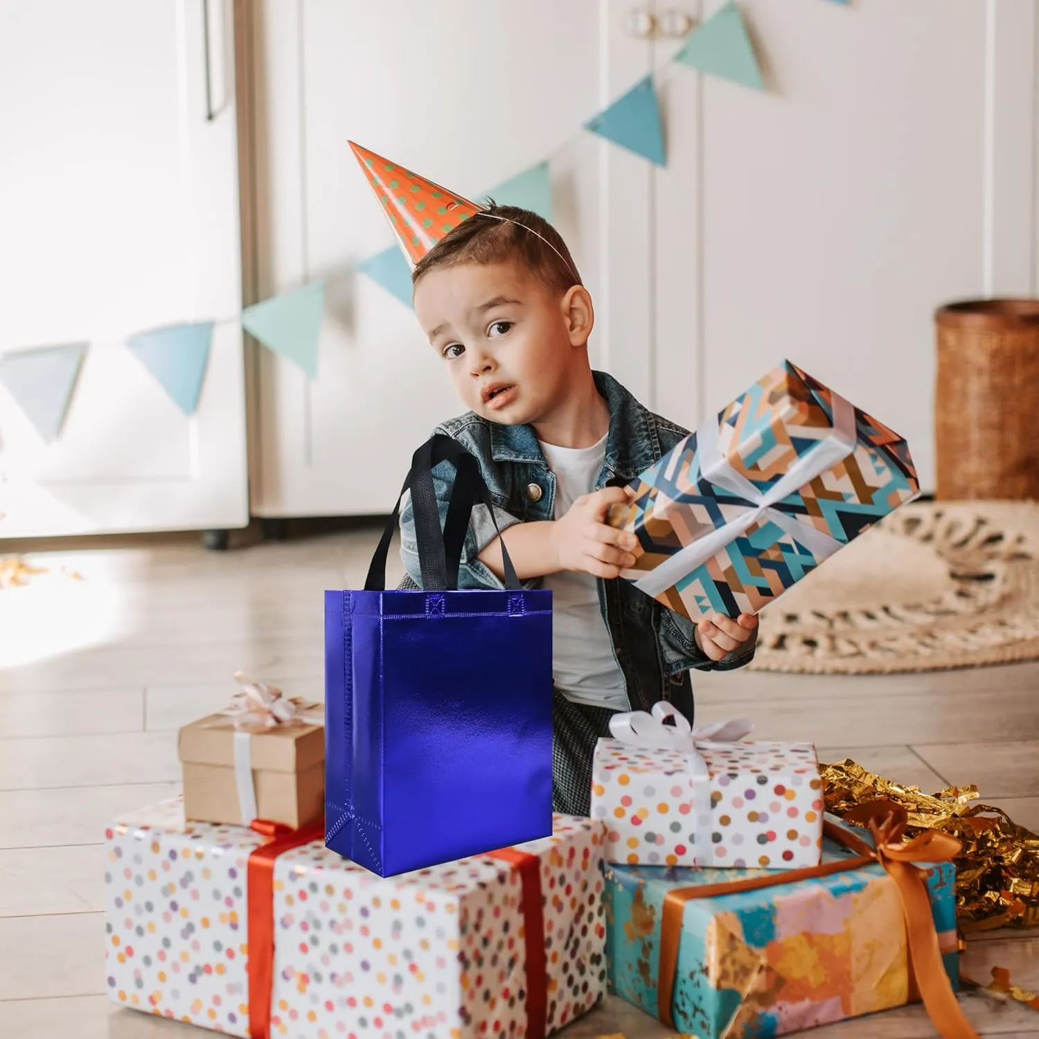 cabzymx 18 pcs Glossy Blue Small Gift Bags, 8 x 3.9 x 9.8 In Reusable Goodie Bag Bulk with Sturdy Base, Non-woven Holiday Gift Bags for Birthday, Wedding, Party, Easter