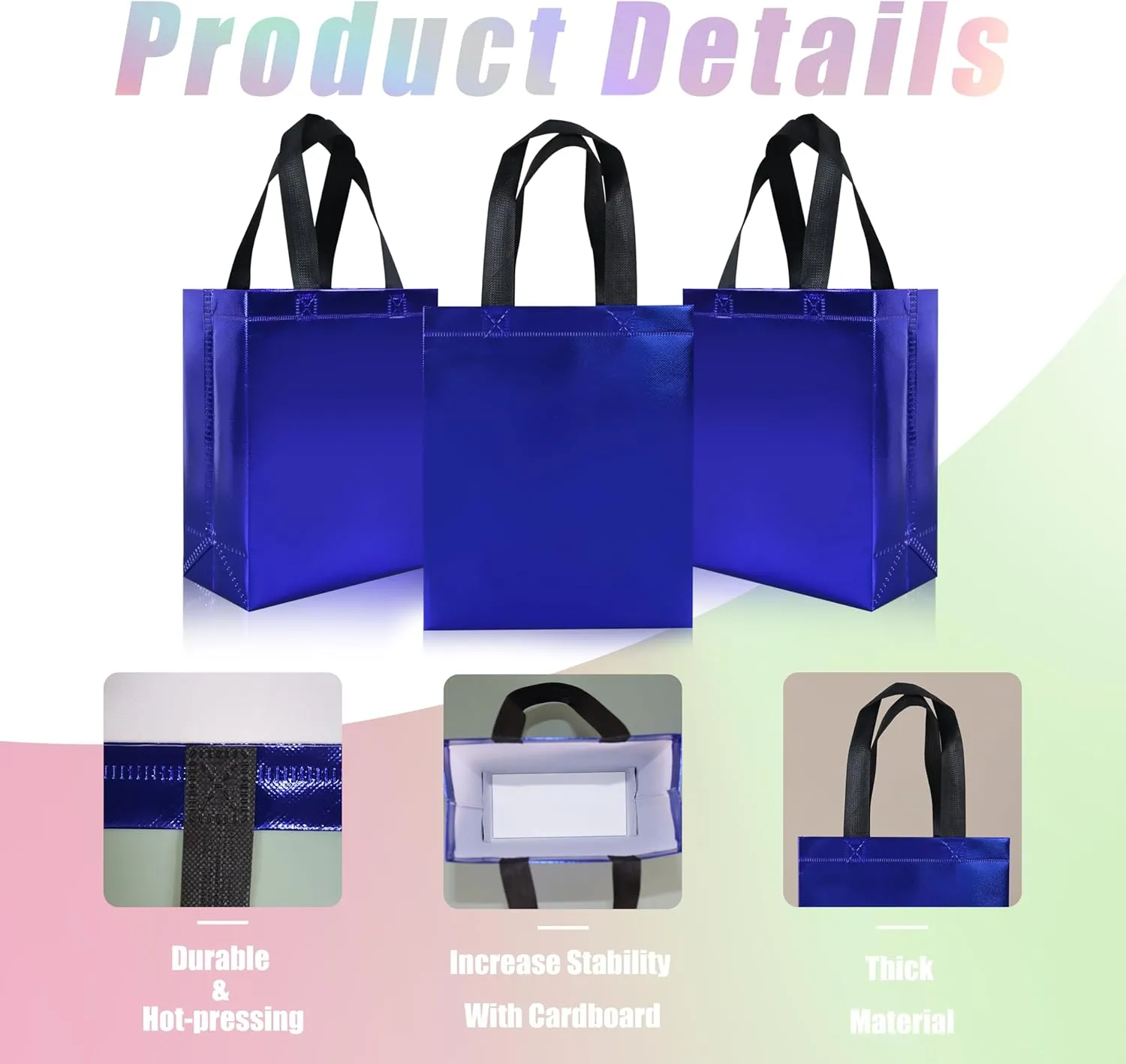cabzymx 18 pcs Glossy Blue Small Gift Bags, 8 x 3.9 x 9.8 In Reusable Goodie Bag Bulk with Sturdy Base, Non-woven Holiday Gift Bags for Birthday, Wedding, Party, Easter