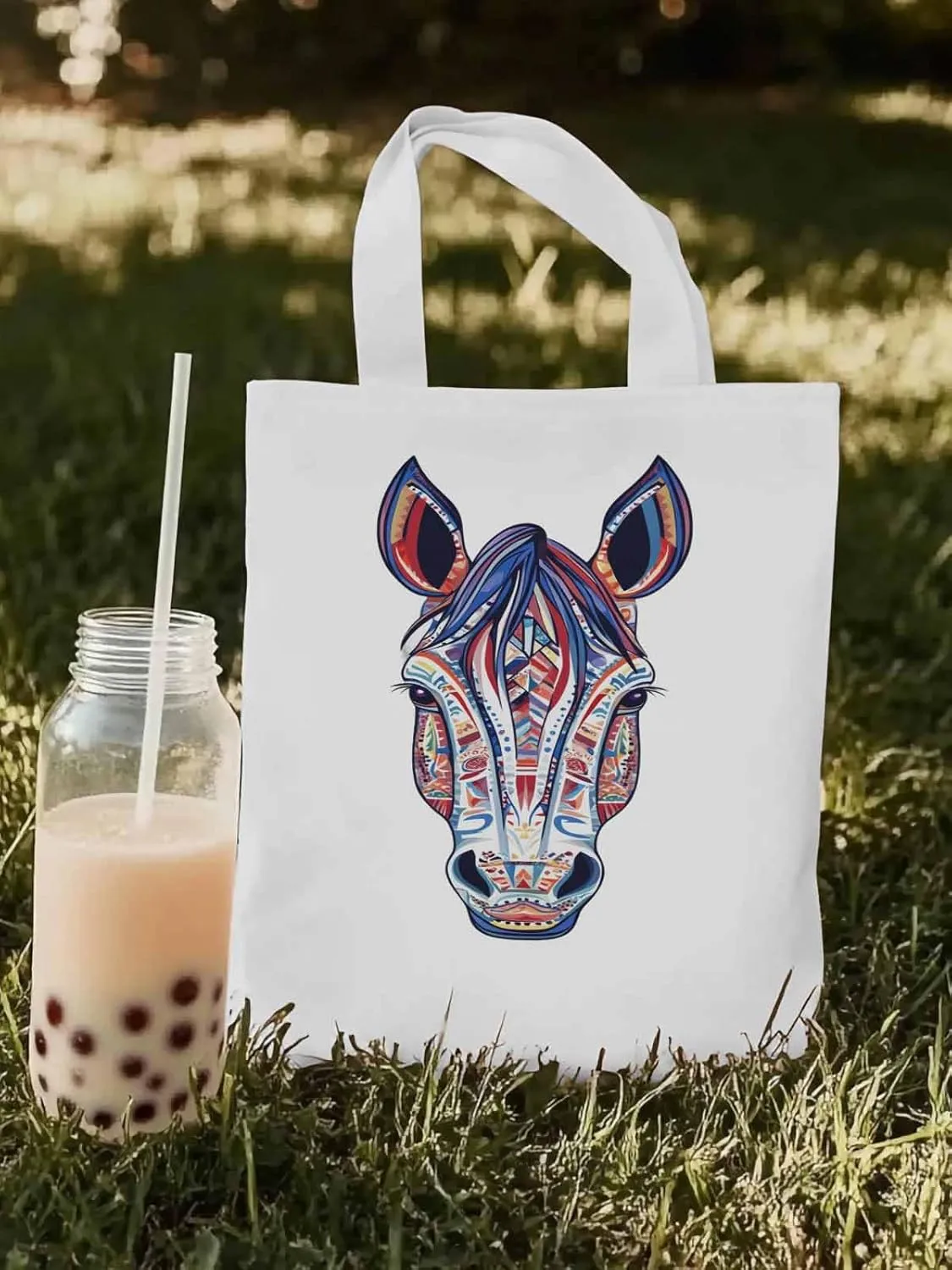 Canvas Tote Bag, Boho Purple Blue Horse patterned Canvas Tote Handbags for Women Shoulder Bag,