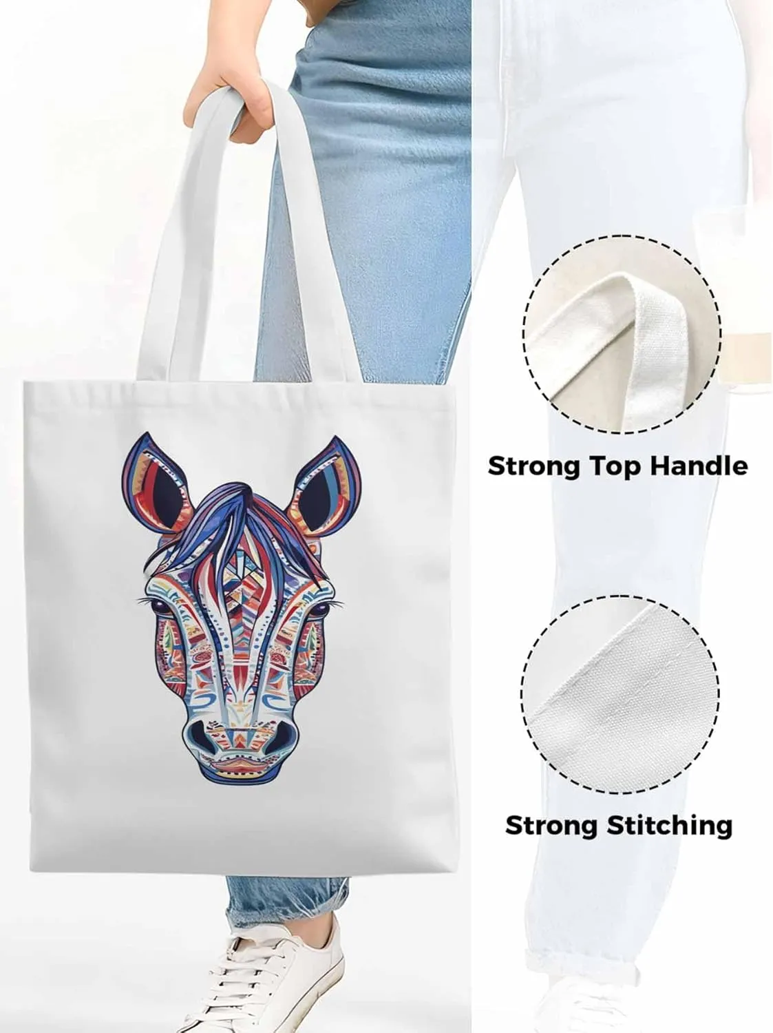 Canvas Tote Bag, Boho Purple Blue Horse patterned Canvas Tote Handbags for Women Shoulder Bag,