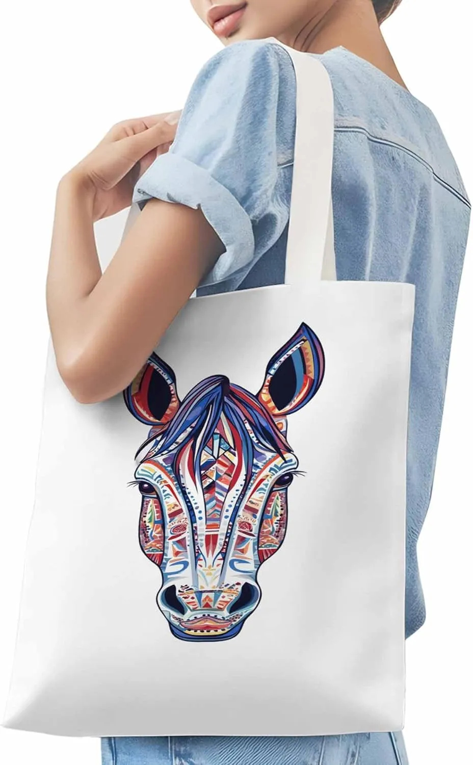 Canvas Tote Bag, Boho Purple Blue Horse patterned Canvas Tote Handbags for Women Shoulder Bag,