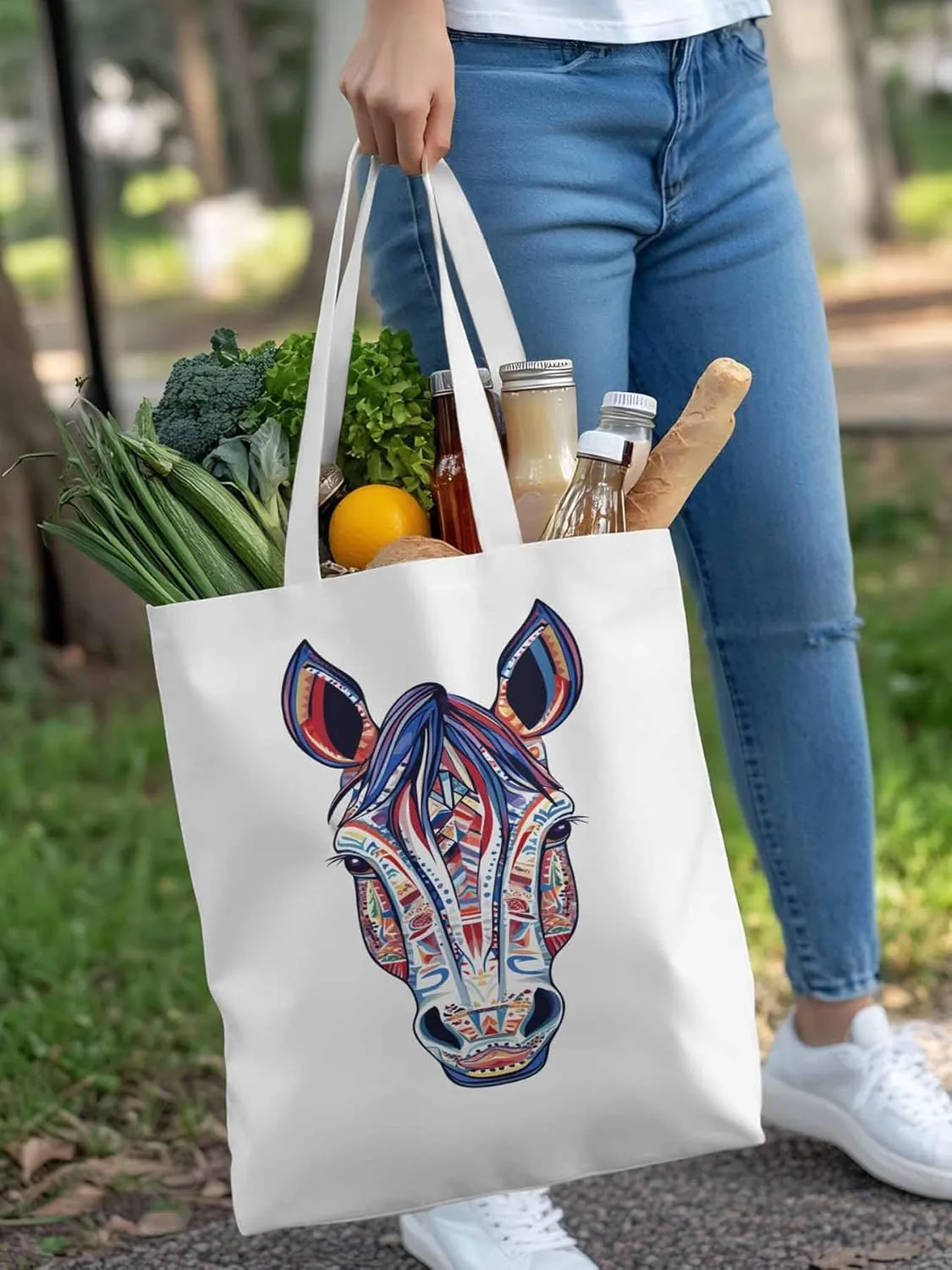 Canvas Tote Bag, Boho Purple Blue Horse patterned Canvas Tote Handbags for Women Shoulder Bag,