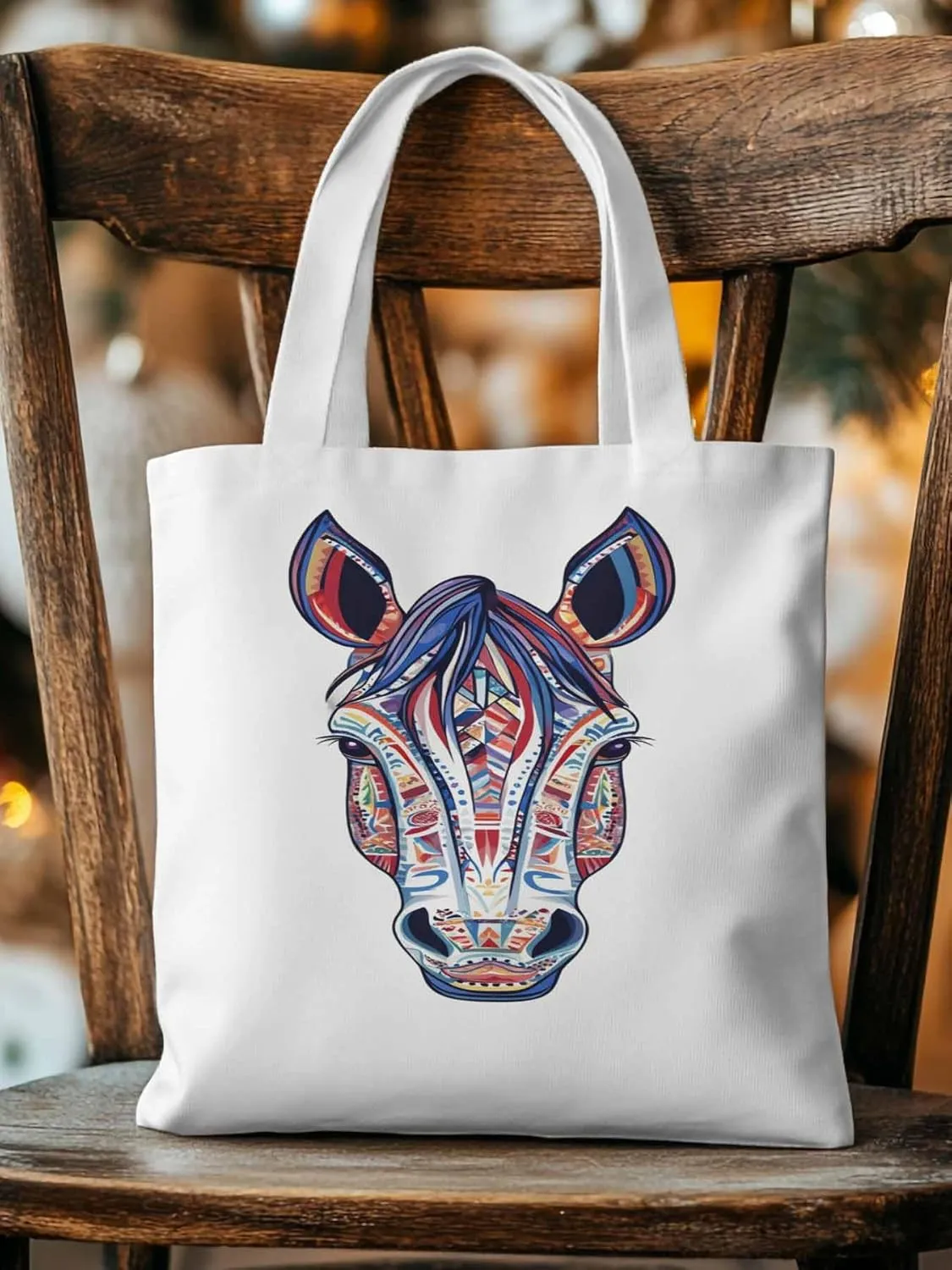 Canvas Tote Bag, Boho Purple Blue Horse patterned Canvas Tote Handbags for Women Shoulder Bag,