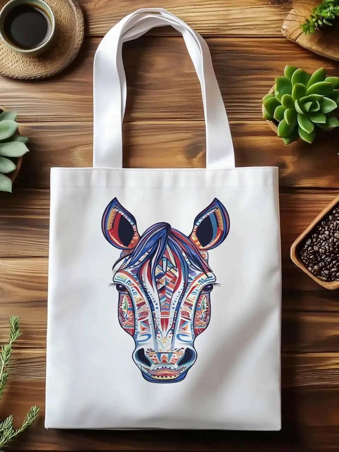 Canvas Tote Bag, Boho Purple Blue Horse patterned Canvas Tote Handbags for Women Shoulder Bag,