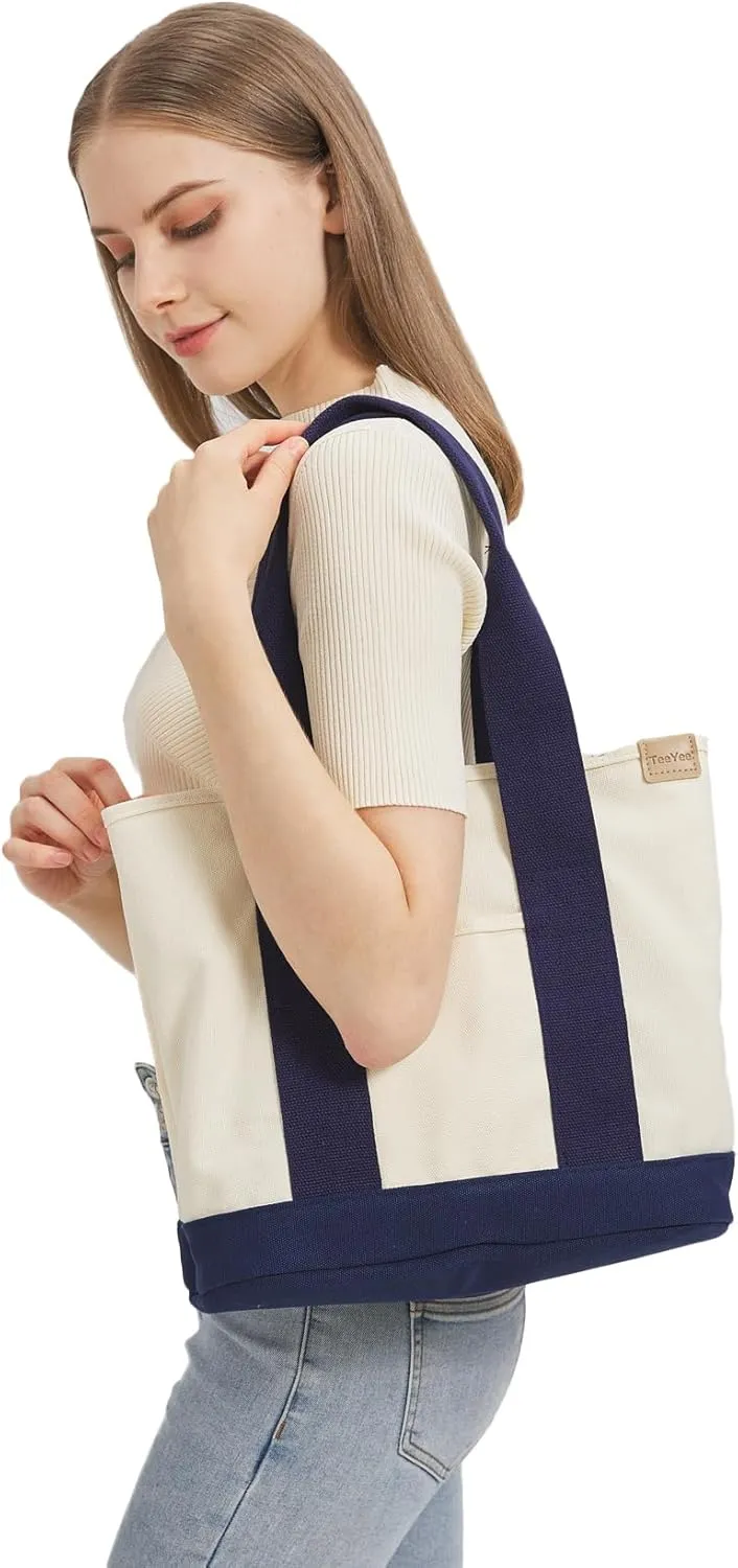 Canvas Tote Bag Casual Multi pockets Handbags Large Capacity Shopping Shoulder Bag with Pocket Bags Work Purses