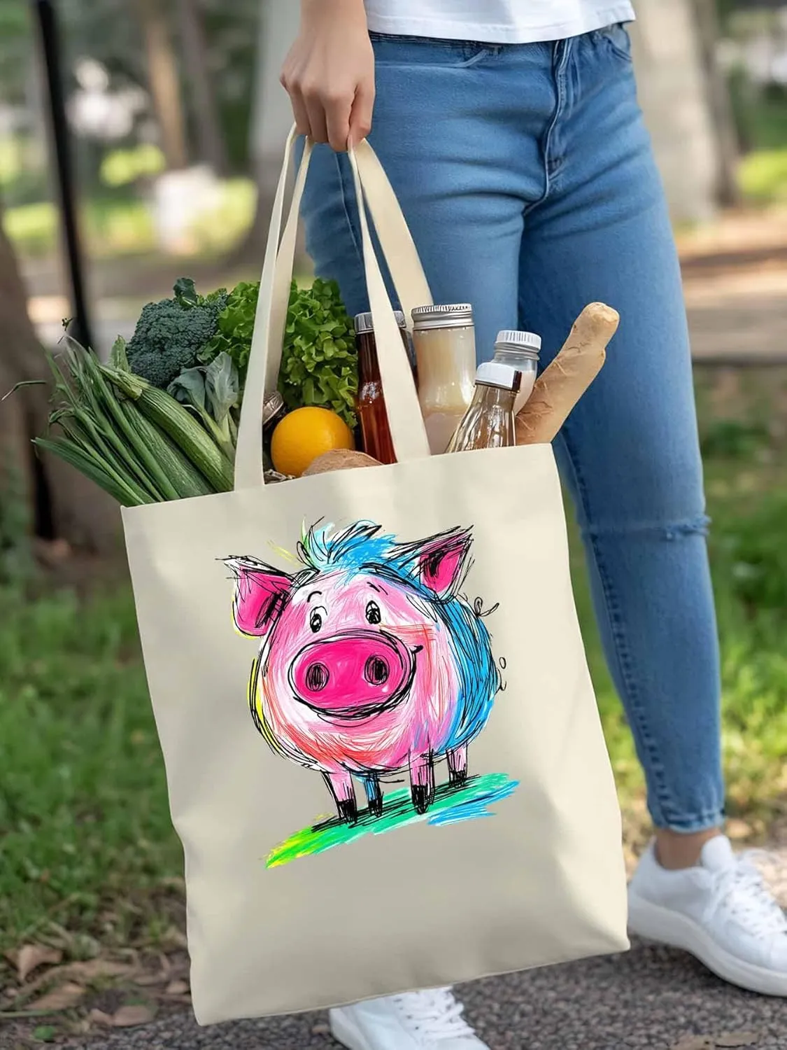 Canvas Tote Bag, Colored Pink Pig Aesthetic Canvas Tote Handbags for Women Shoulder Bag