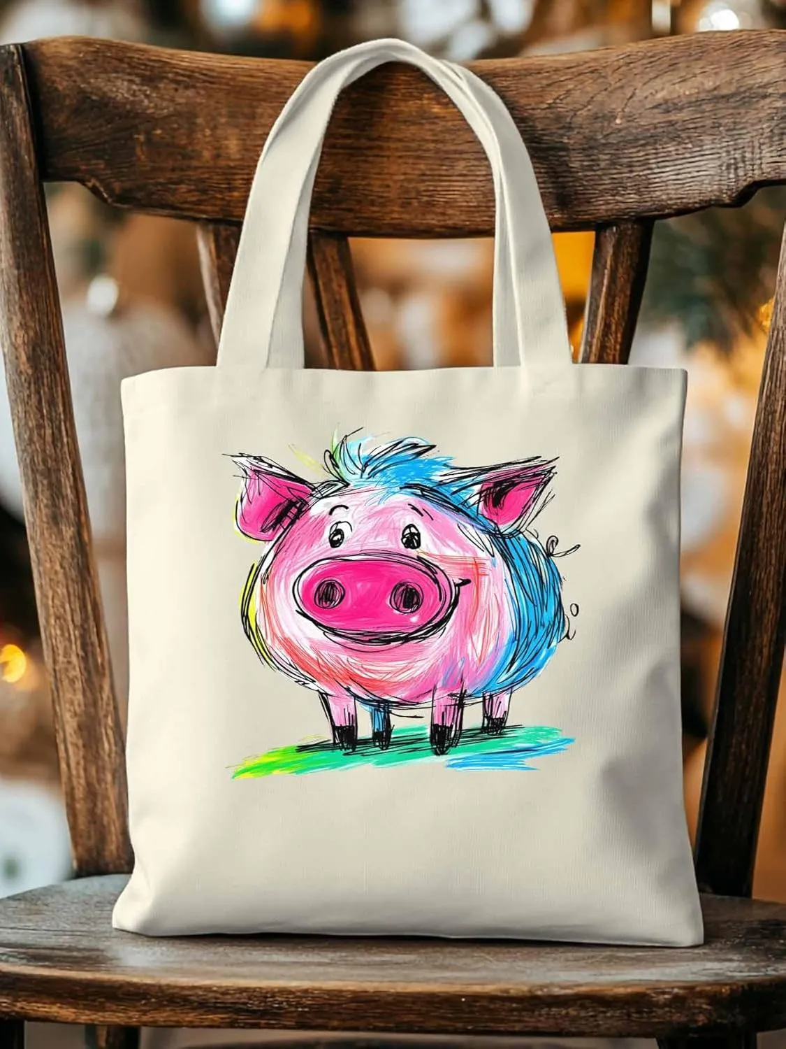 Canvas Tote Bag, Colored Pink Pig Aesthetic Canvas Tote Handbags for Women Shoulder Bag
