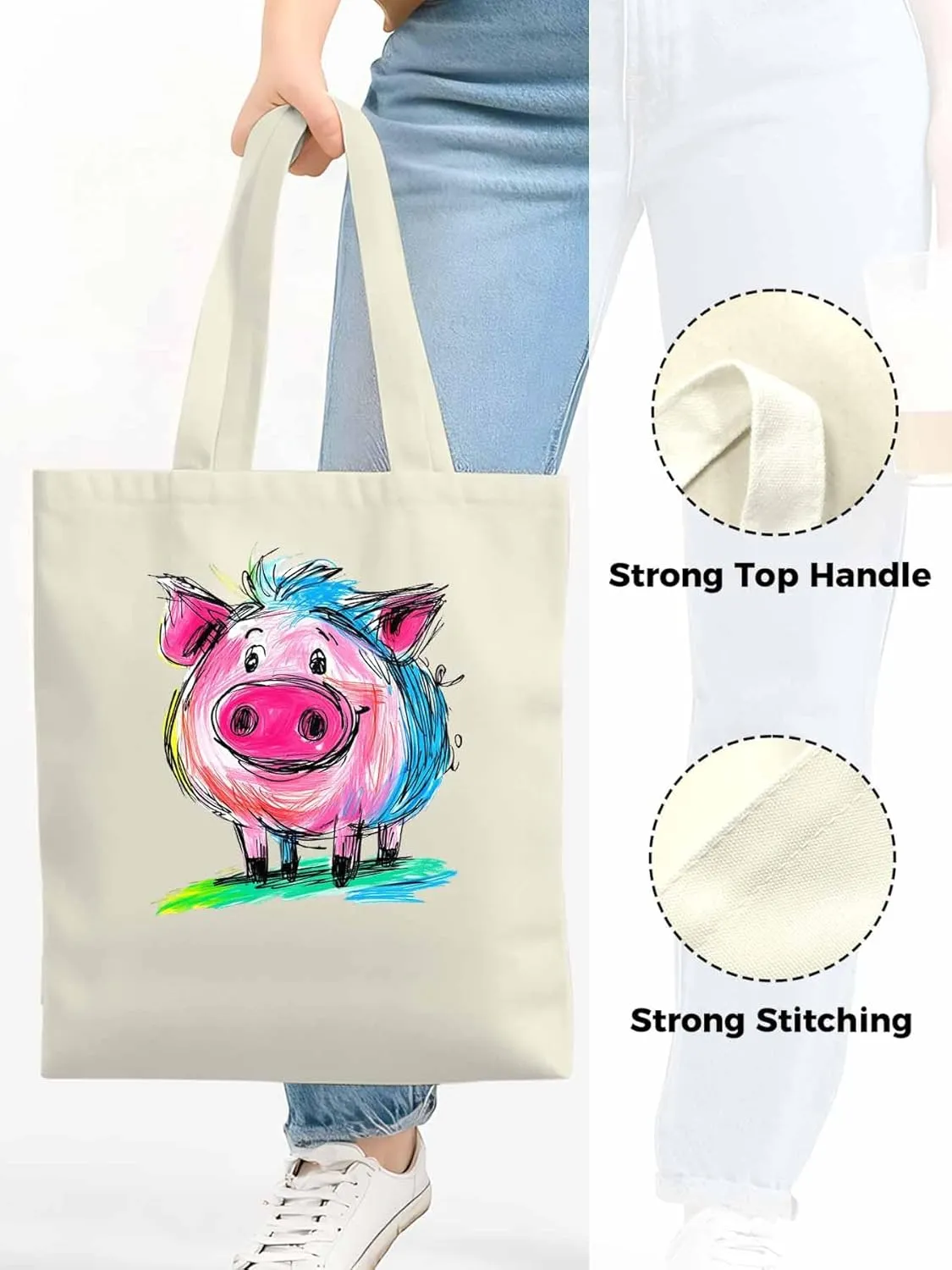 Canvas Tote Bag, Colored Pink Pig Aesthetic Canvas Tote Handbags for Women Shoulder Bag