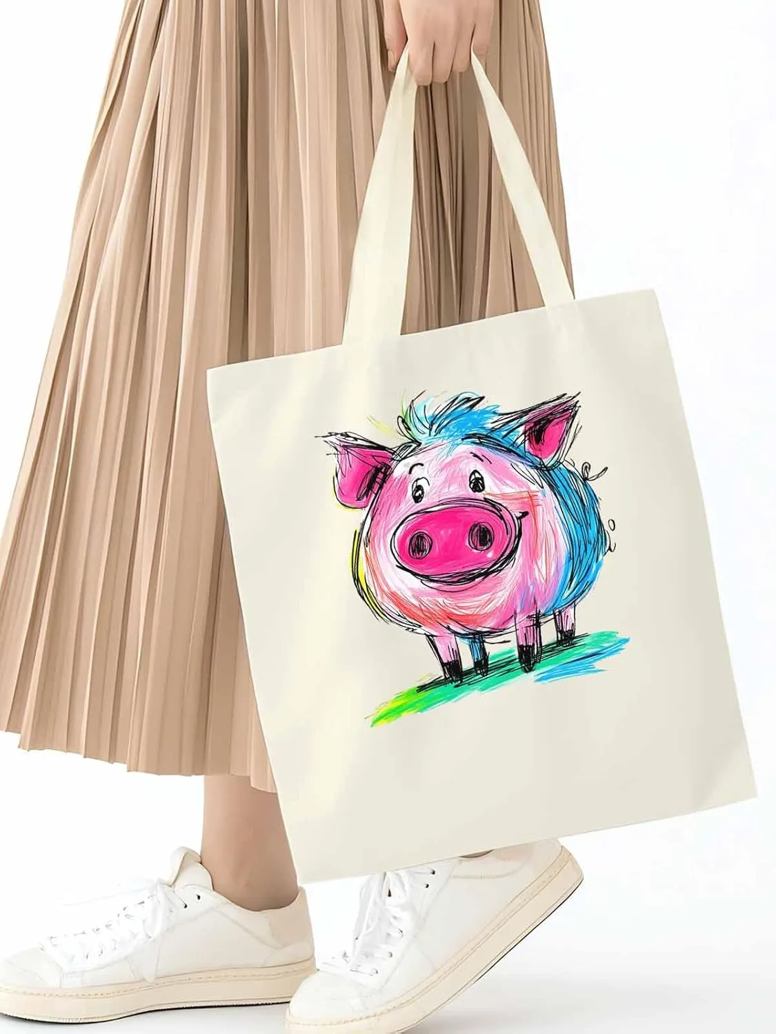Canvas Tote Bag, Colored Pink Pig Aesthetic Canvas Tote Handbags for Women Shoulder Bag