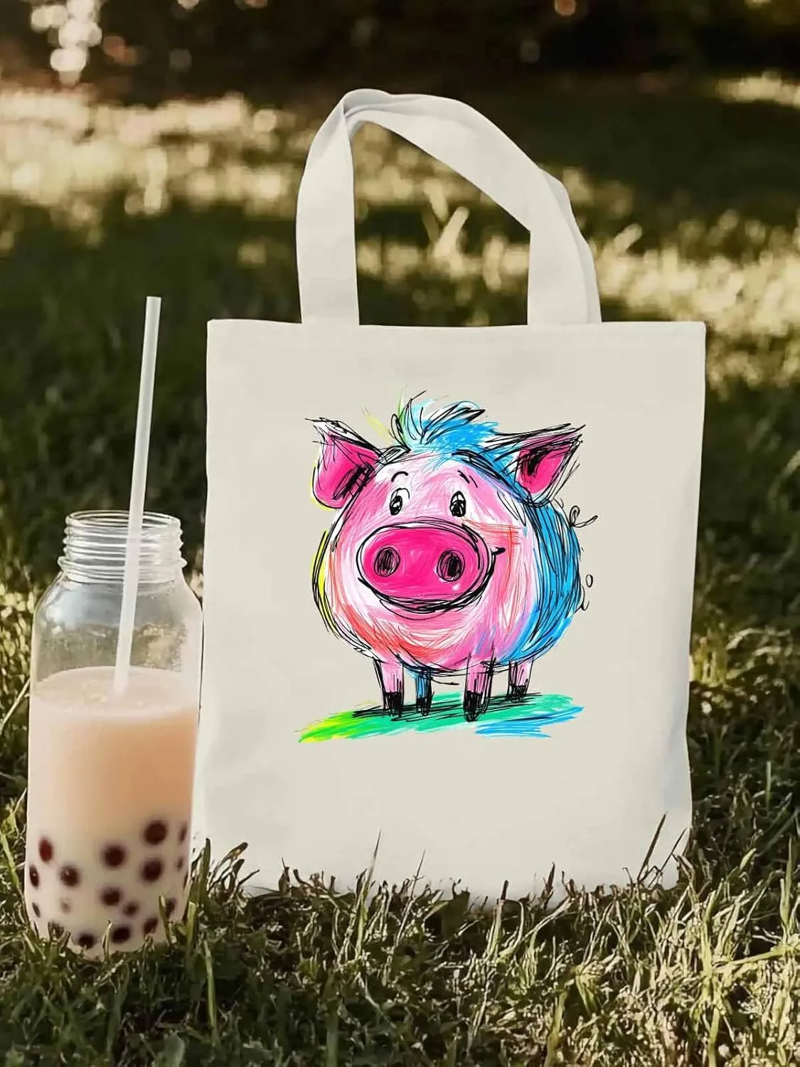 Canvas Tote Bag, Colored Pink Pig Aesthetic Canvas Tote Handbags for Women Shoulder Bag