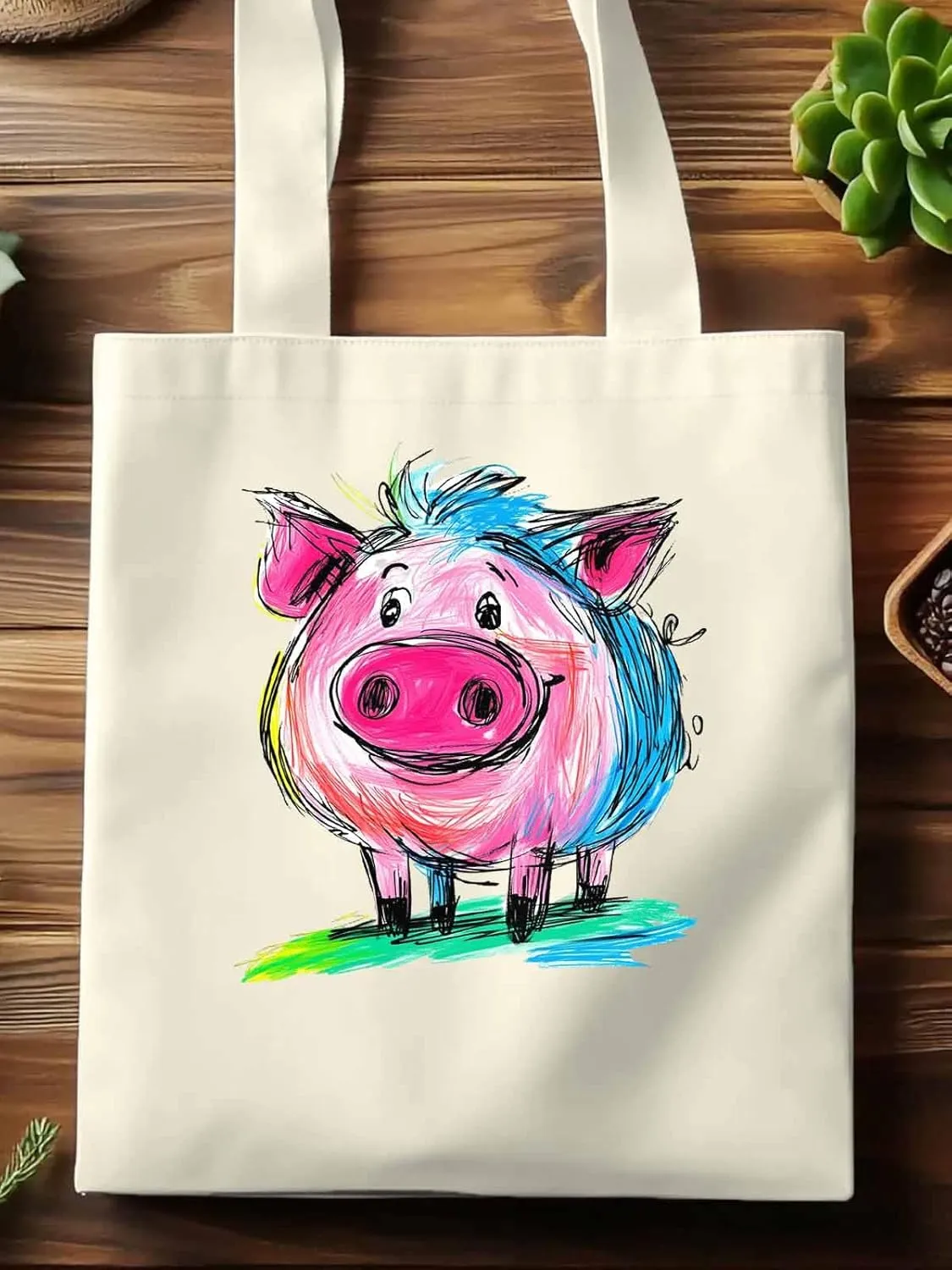 Canvas Tote Bag, Colored Pink Pig Aesthetic Canvas Tote Handbags for Women Shoulder Bag