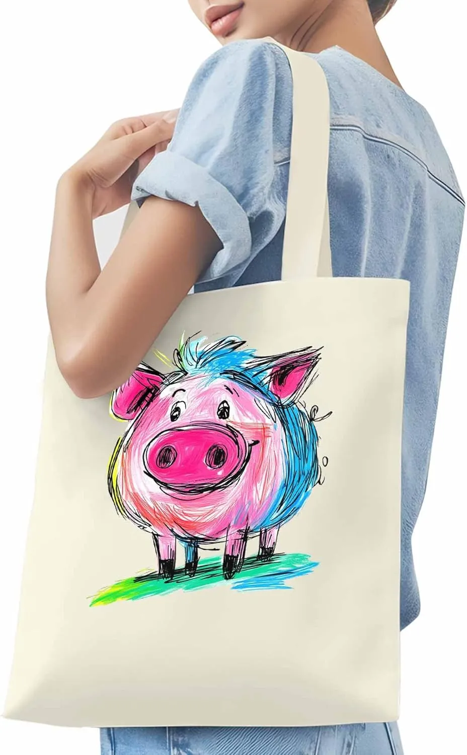 Canvas Tote Bag, Colored Pink Pig Aesthetic Canvas Tote Handbags for Women Shoulder Bag