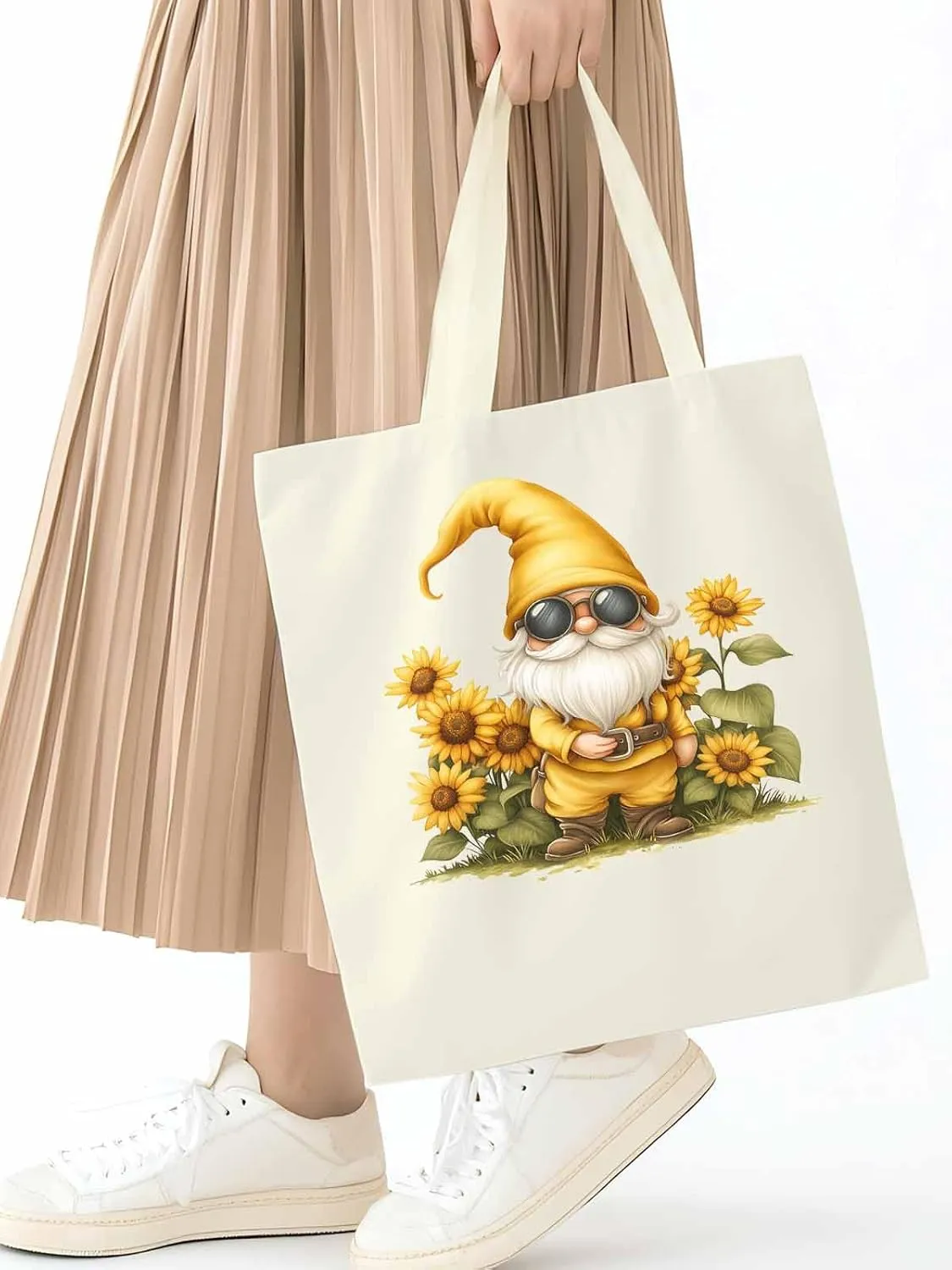 Canvas Tote Bag, Gnomes Sunflower Retro patterned Canvas Tote Handbags for Women Shoulder Bag,