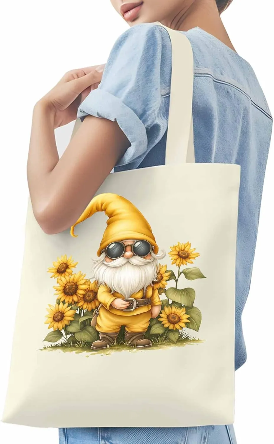 Canvas Tote Bag, Gnomes Sunflower Retro patterned Canvas Tote Handbags for Women Shoulder Bag,