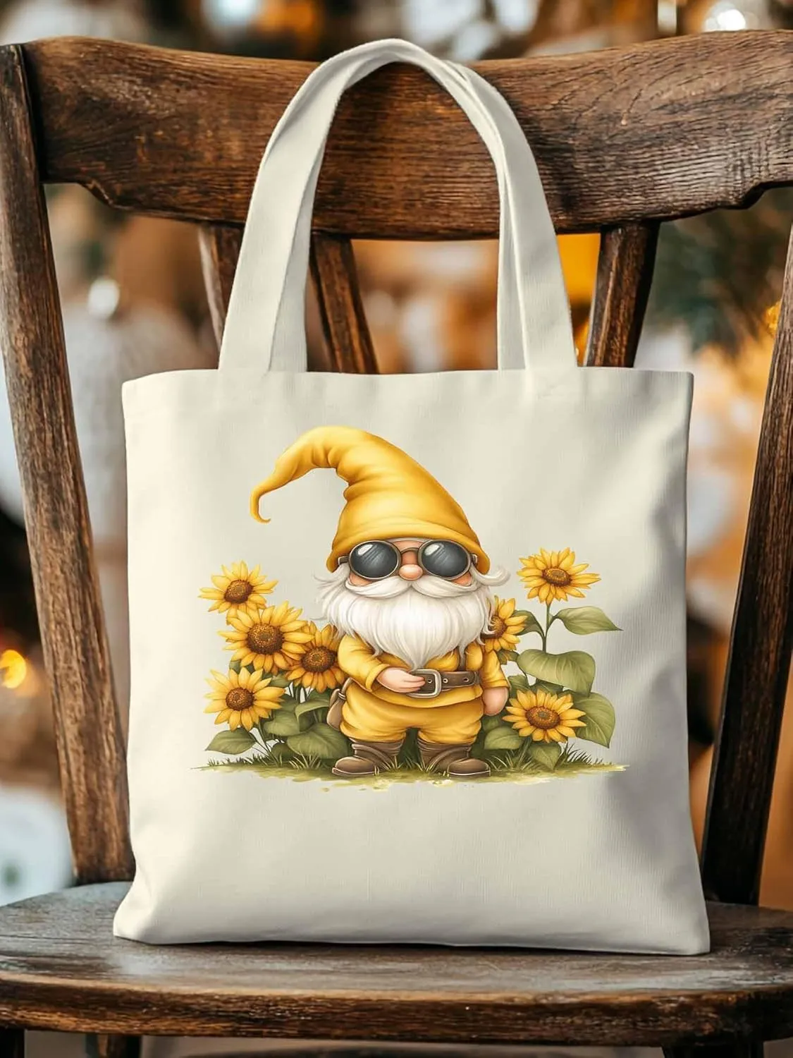 Canvas Tote Bag, Gnomes Sunflower Retro patterned Canvas Tote Handbags for Women Shoulder Bag,