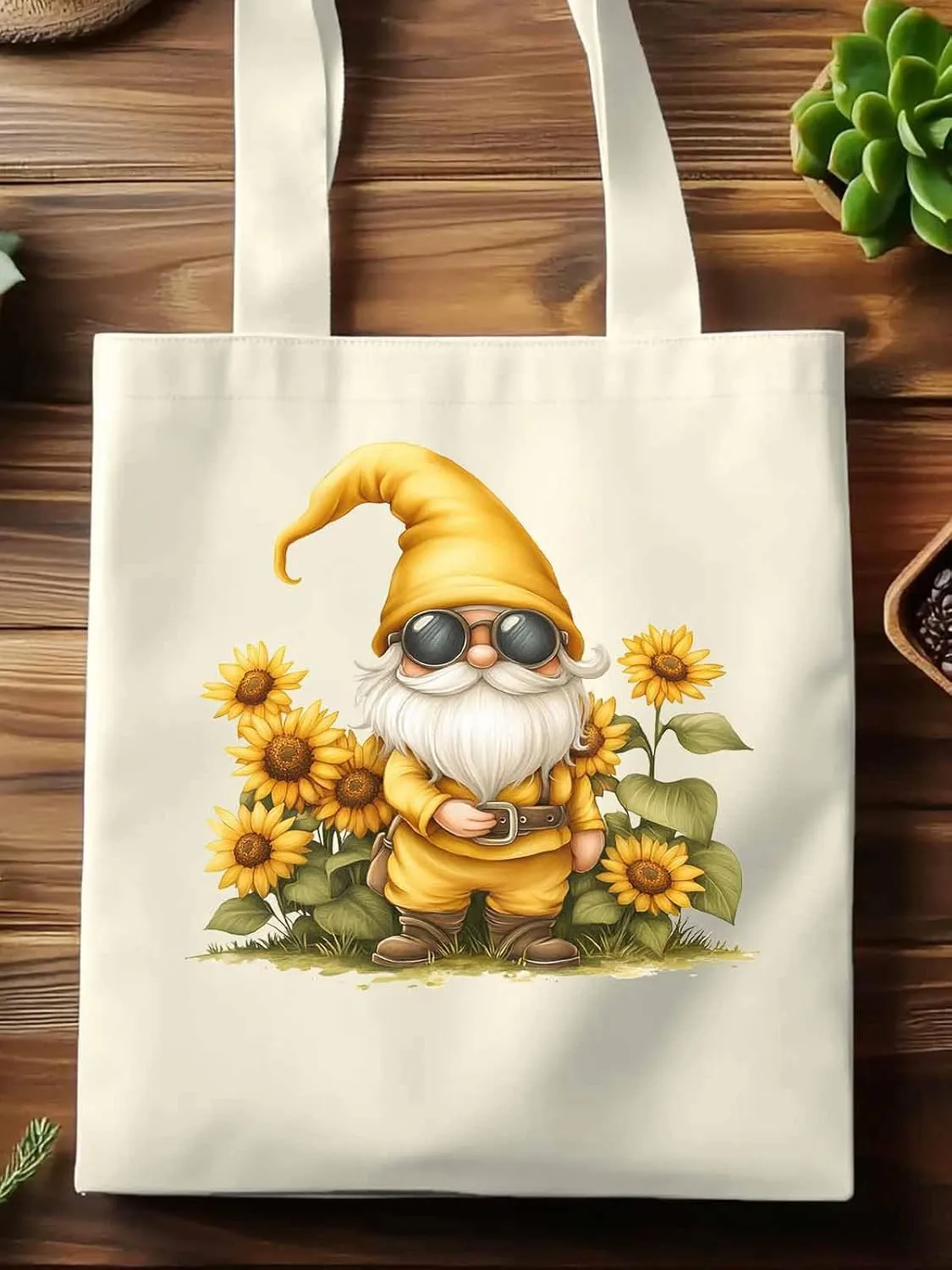 Canvas Tote Bag, Gnomes Sunflower Retro patterned Canvas Tote Handbags for Women Shoulder Bag,