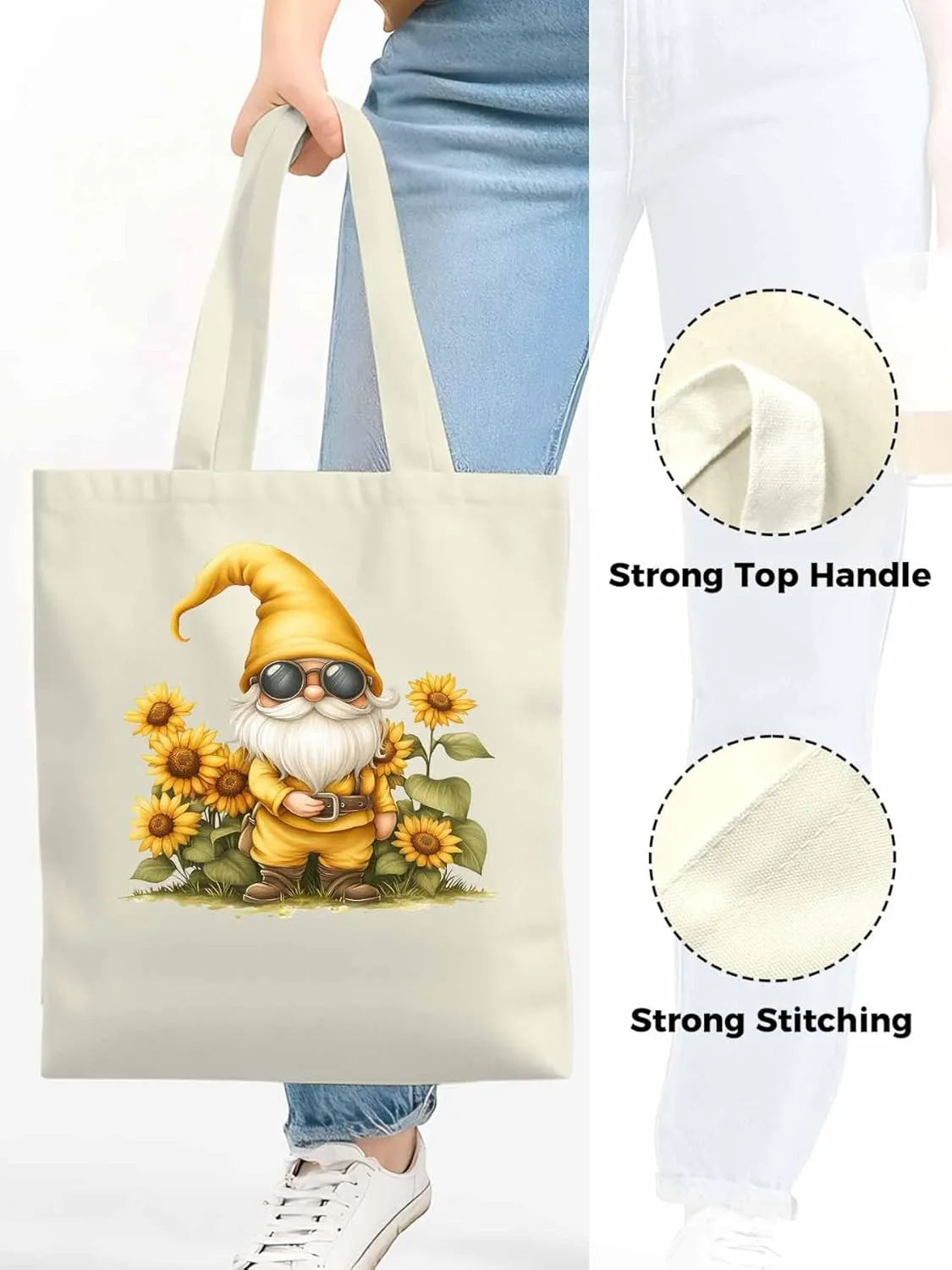 Canvas Tote Bag, Gnomes Sunflower Retro patterned Canvas Tote Handbags for Women Shoulder Bag,