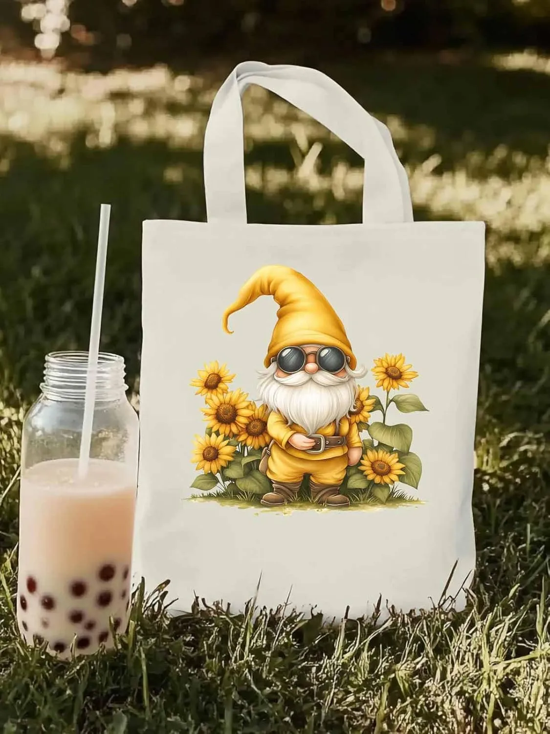 Canvas Tote Bag, Gnomes Sunflower Retro patterned Canvas Tote Handbags for Women Shoulder Bag,