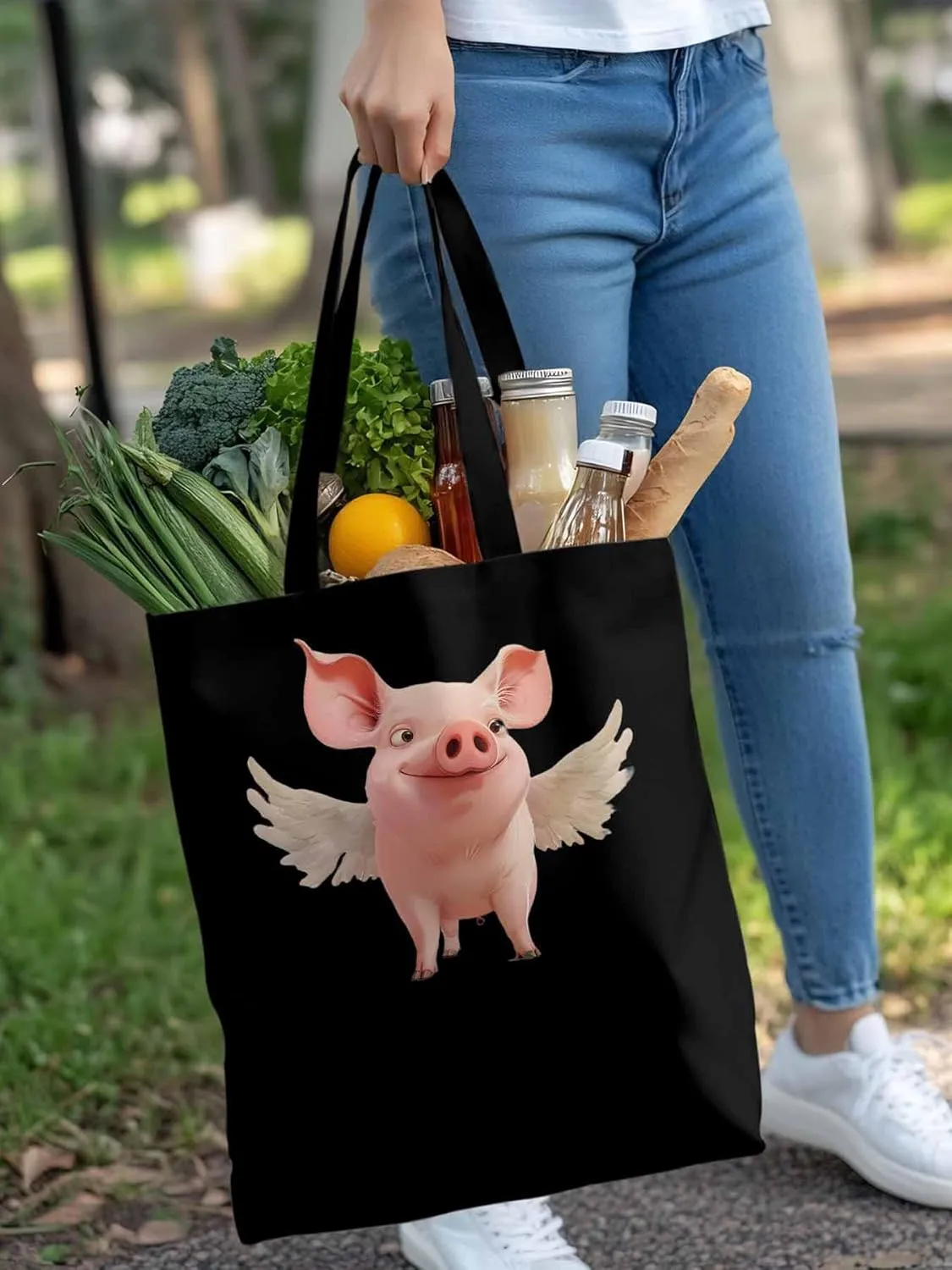 Canvas Tote Bag, Pig Aesthetic Canvas Tote Handbags for Women Shoulder Bag Watercolor Animals