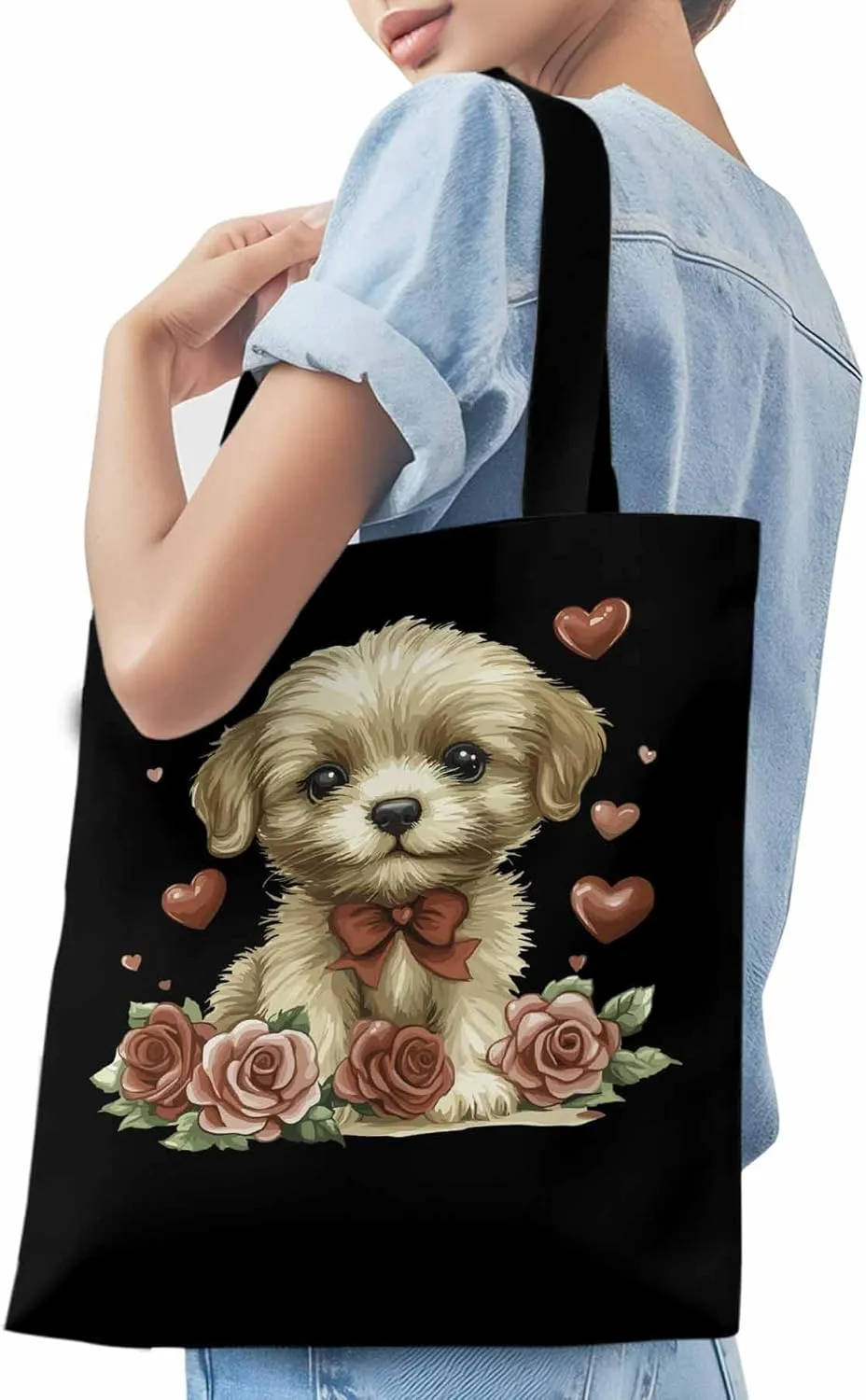 Canvas Tote Bag, Valentine's Day Aesthetic Canvas Tote Handbags for Women Shoulder Bag Roses Love Hearts