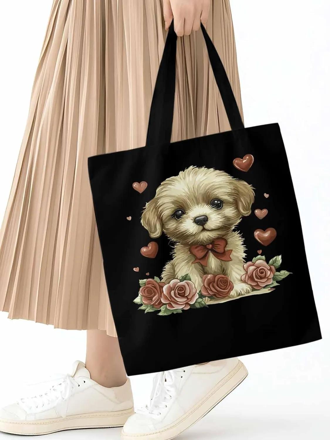 Canvas Tote Bag, Valentine's Day Aesthetic Canvas Tote Handbags for Women Shoulder Bag Roses Love Hearts