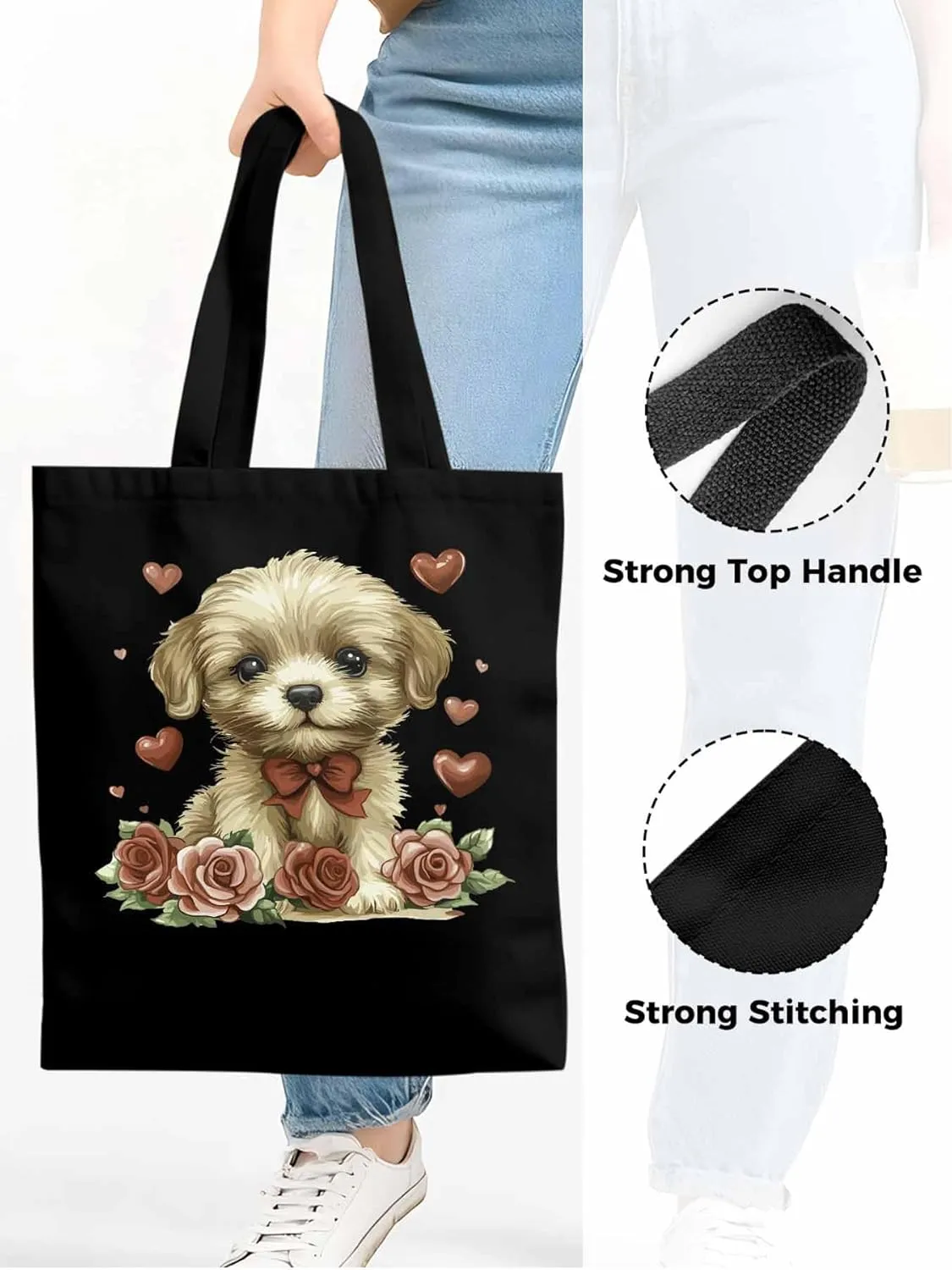 Canvas Tote Bag, Valentine's Day Aesthetic Canvas Tote Handbags for Women Shoulder Bag Roses Love Hearts