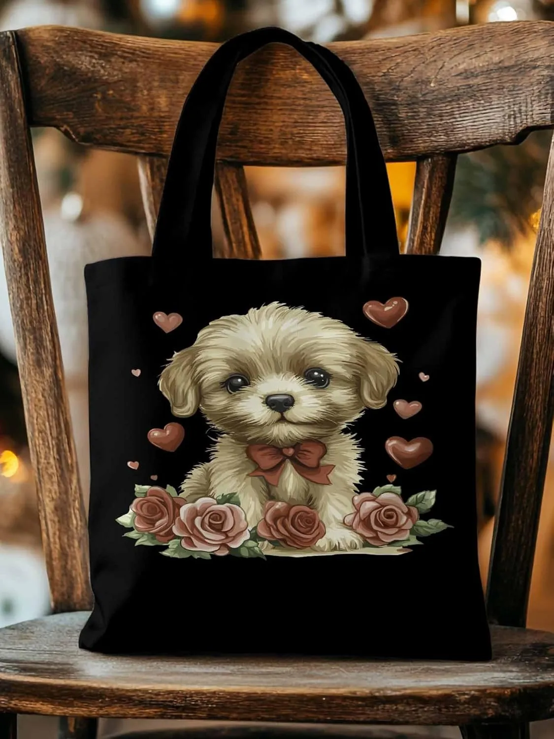 Canvas Tote Bag, Valentine's Day Aesthetic Canvas Tote Handbags for Women Shoulder Bag Roses Love Hearts