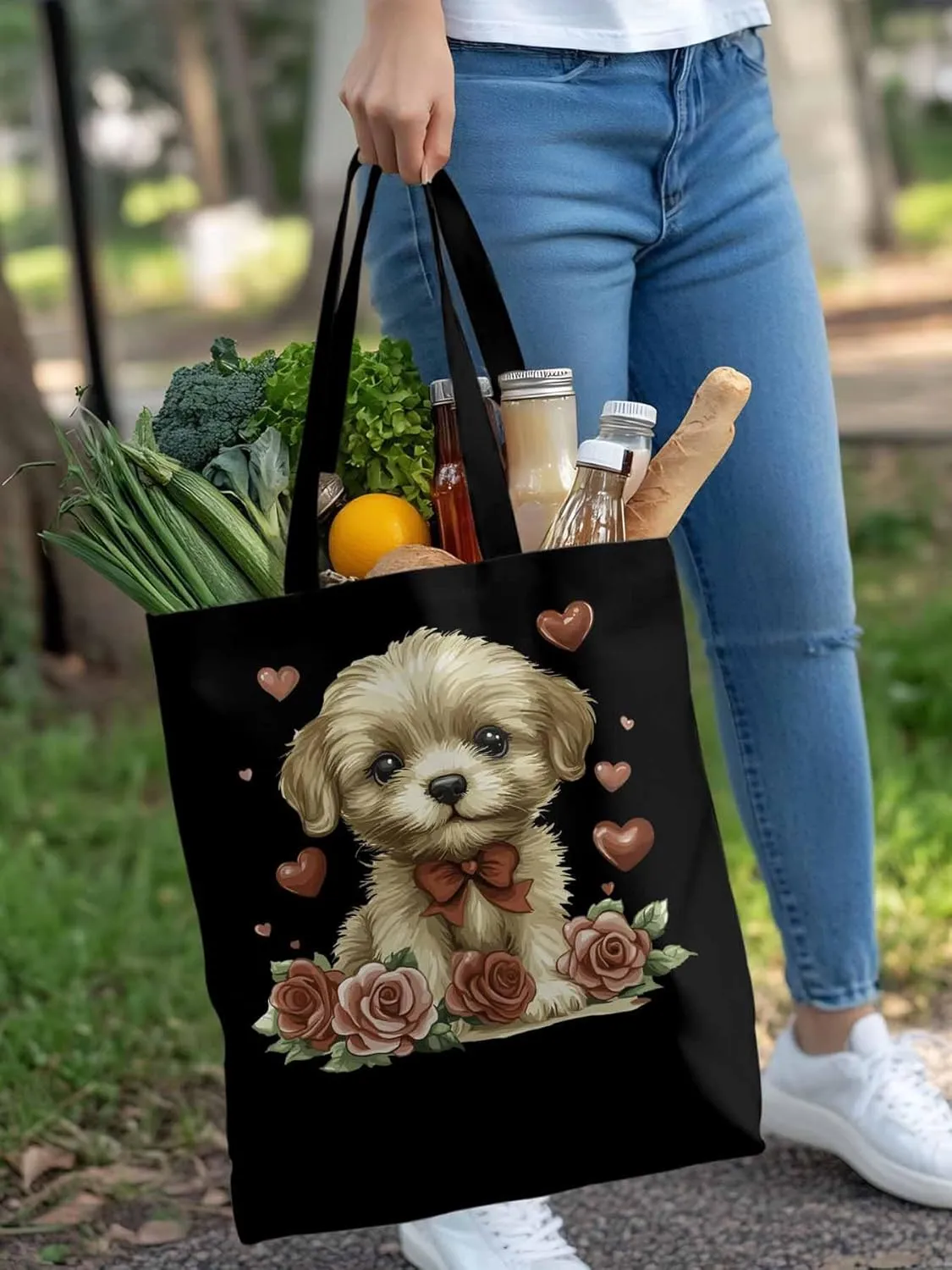 Canvas Tote Bag, Valentine's Day Aesthetic Canvas Tote Handbags for Women Shoulder Bag Roses Love Hearts