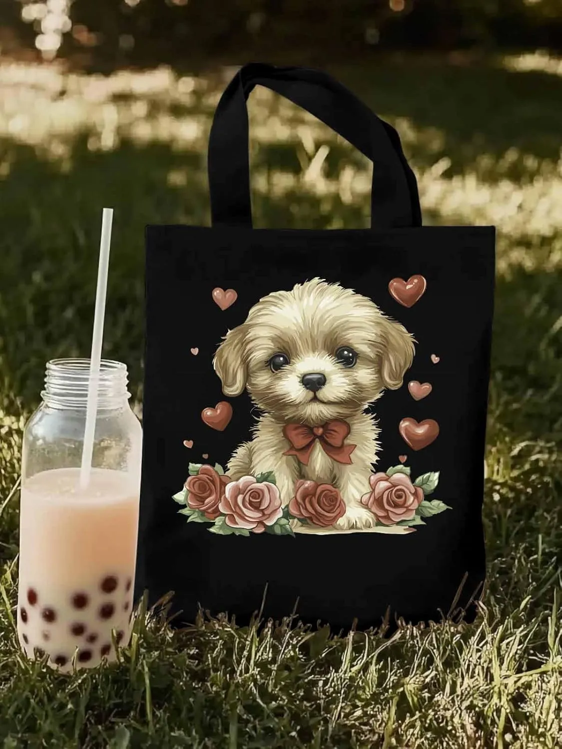 Canvas Tote Bag, Valentine's Day Aesthetic Canvas Tote Handbags for Women Shoulder Bag Roses Love Hearts