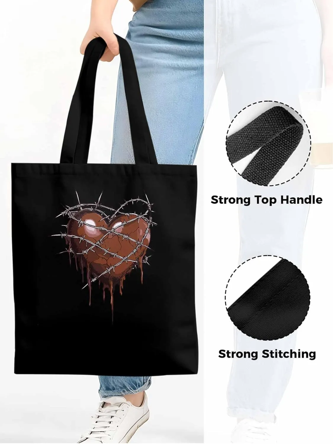 Canvas Tote Bag, Valentine's Day Aesthetic Canvas Tote Handbags for Women Shoulder Bag Thorns Love Heart