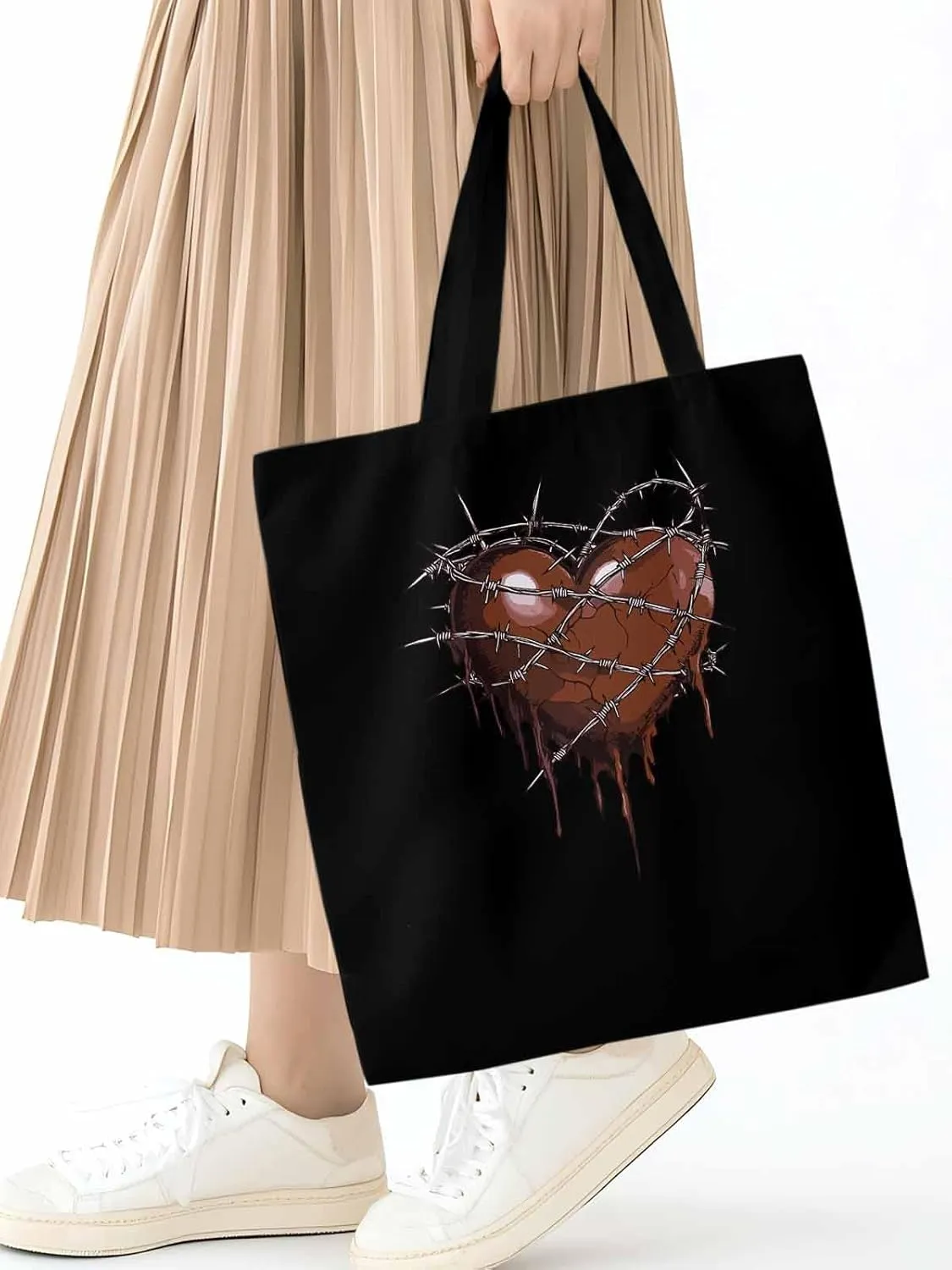 Canvas Tote Bag, Valentine's Day Aesthetic Canvas Tote Handbags for Women Shoulder Bag Thorns Love Heart