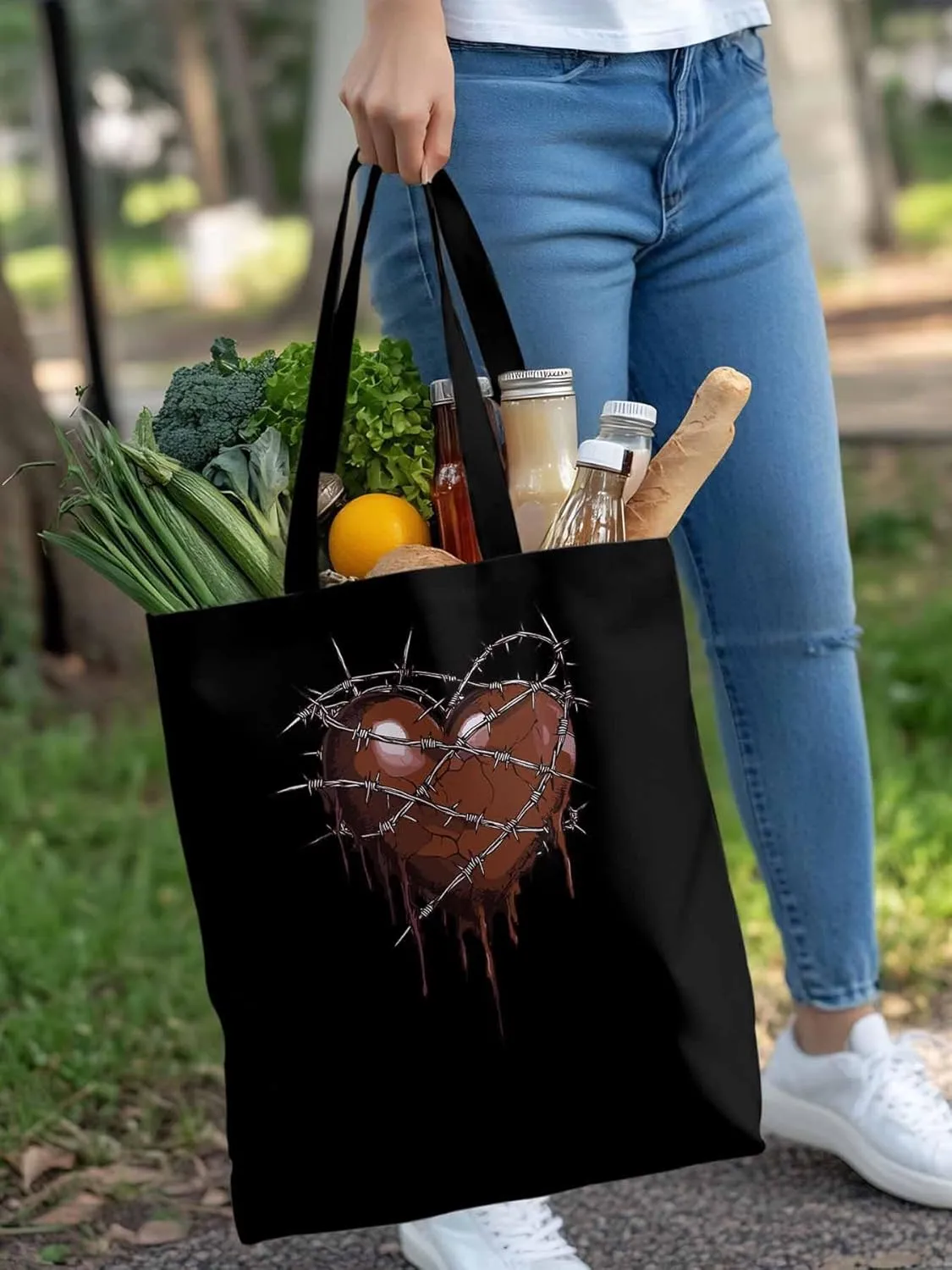 Canvas Tote Bag, Valentine's Day Aesthetic Canvas Tote Handbags for Women Shoulder Bag Thorns Love Heart