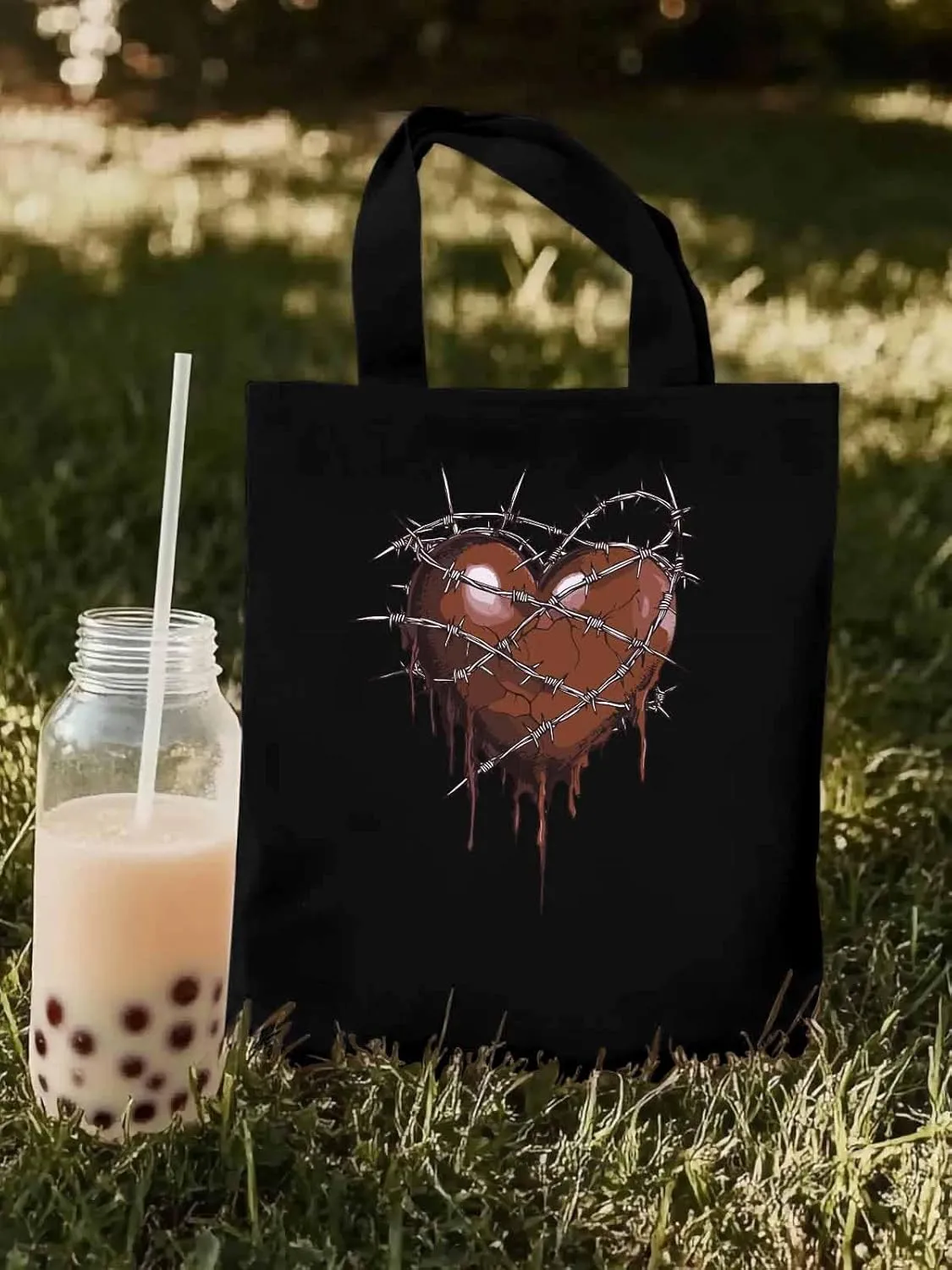 Canvas Tote Bag, Valentine's Day Aesthetic Canvas Tote Handbags for Women Shoulder Bag Thorns Love Heart
