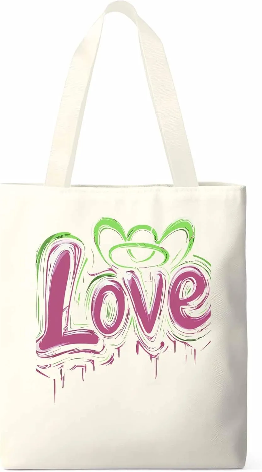 Canvas Tote Bag, Valentine's Day Love Graffiti Aesthetic Canvas Tote Handbags for Women Shoulder Bag