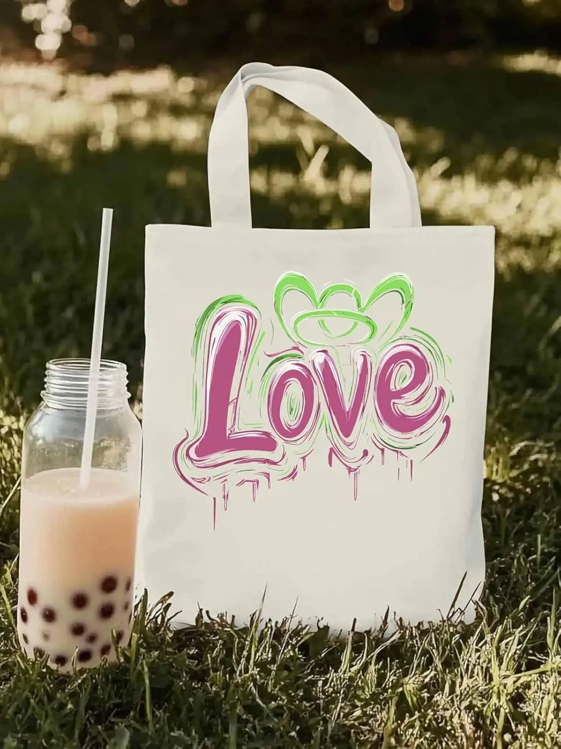 Canvas Tote Bag, Valentine's Day Love Graffiti Aesthetic Canvas Tote Handbags for Women Shoulder Bag