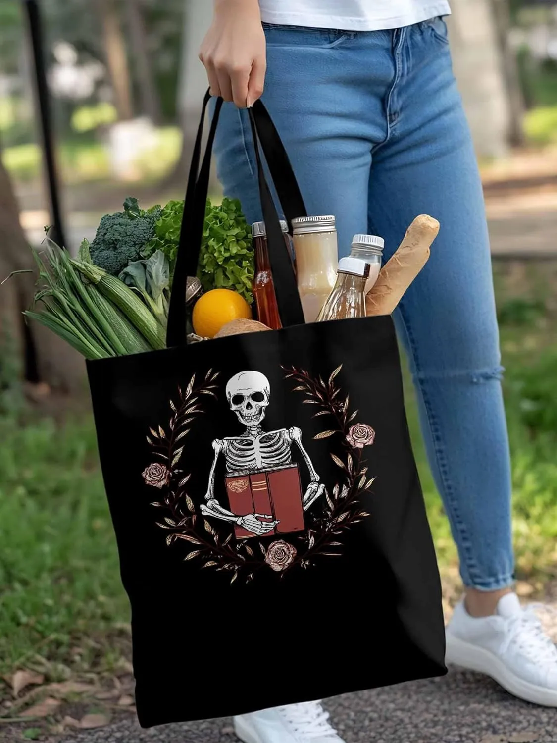 Canvas Tote Bag, Valentine's Day Skull Rose Floral Plant patterned Canvas Tote Handbags for Women Shoulder Bag,