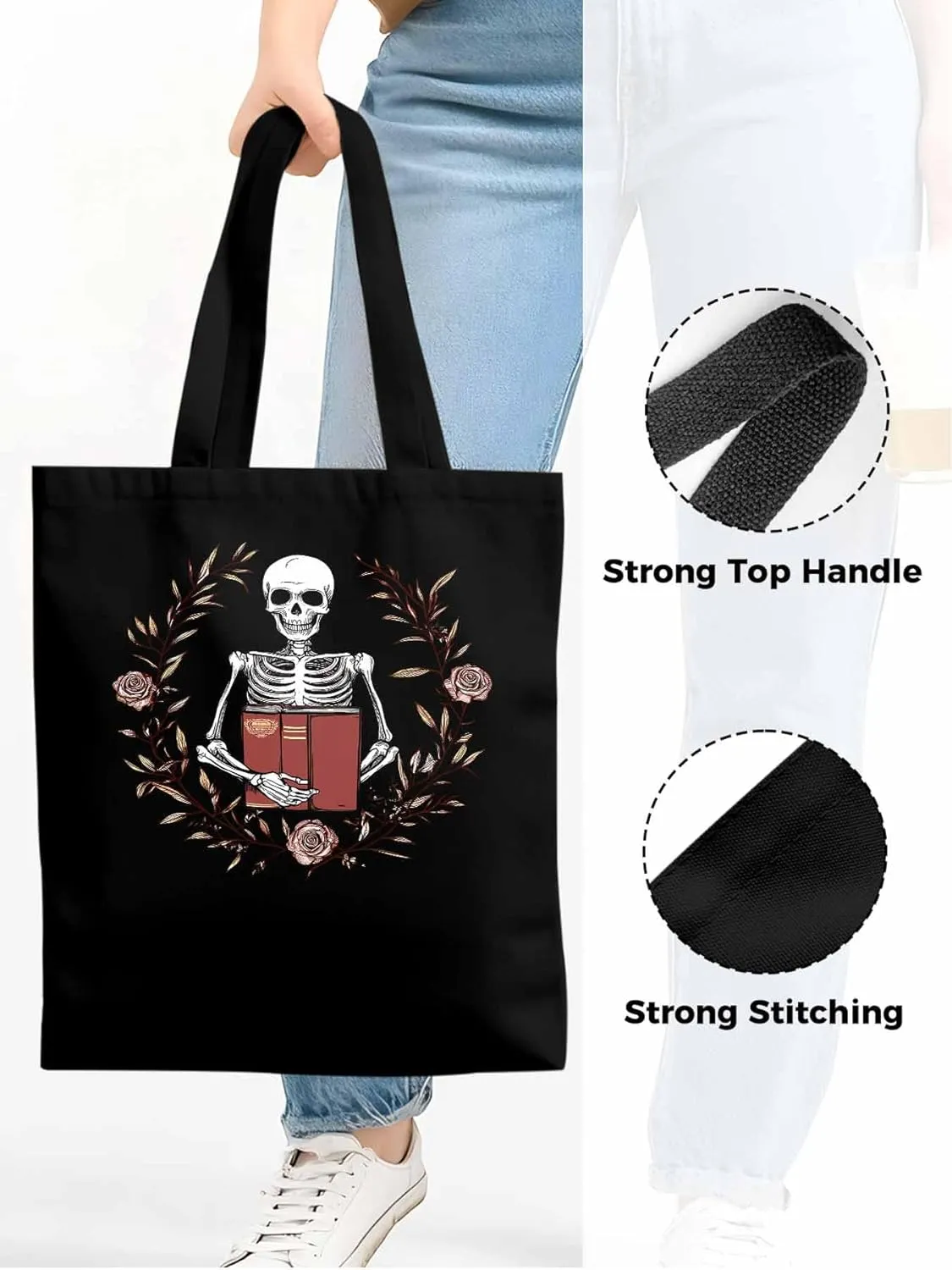 Canvas Tote Bag, Valentine's Day Skull Rose Floral Plant patterned Canvas Tote Handbags for Women Shoulder Bag,