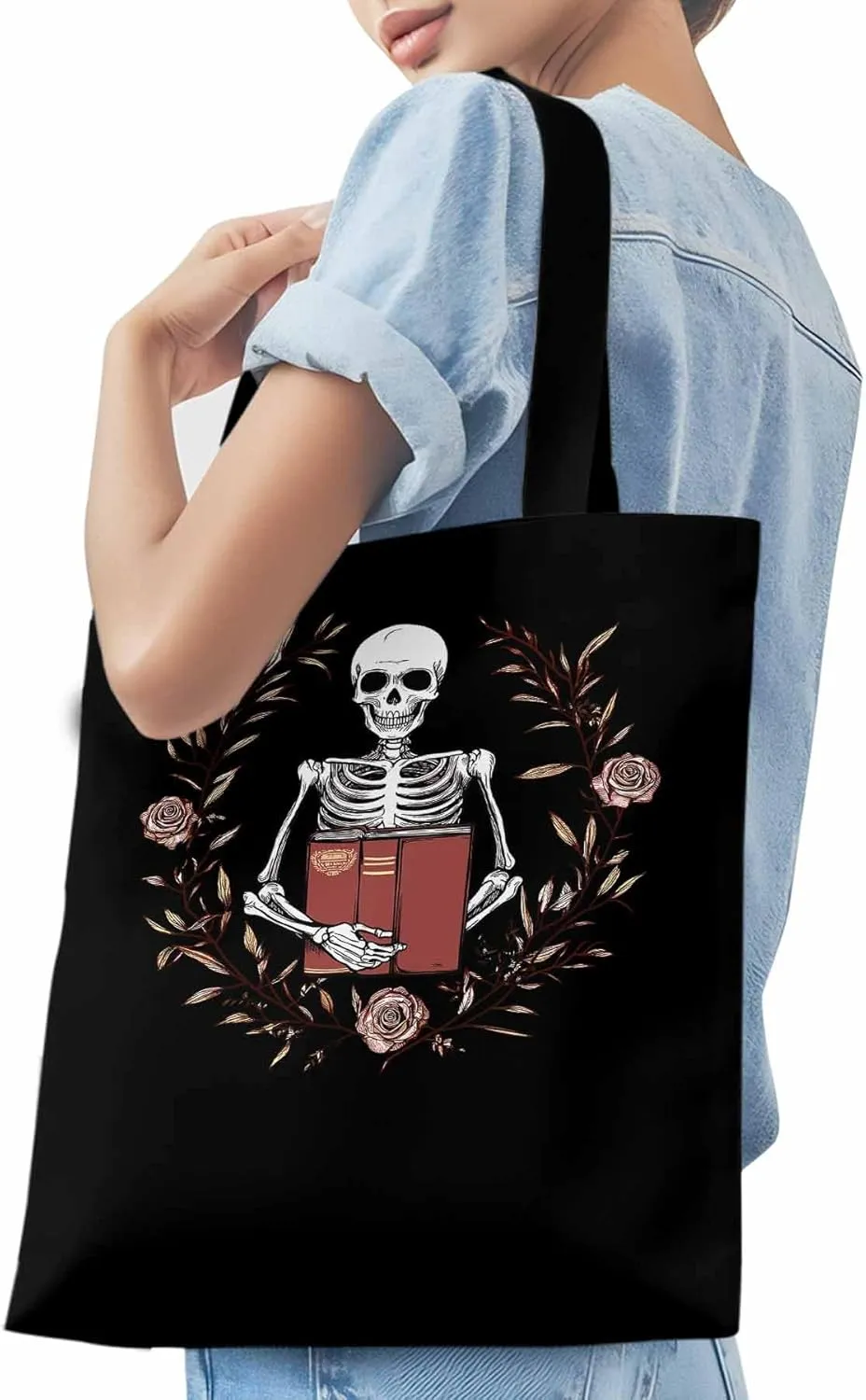 Canvas Tote Bag, Valentine's Day Skull Rose Floral Plant patterned Canvas Tote Handbags for Women Shoulder Bag,