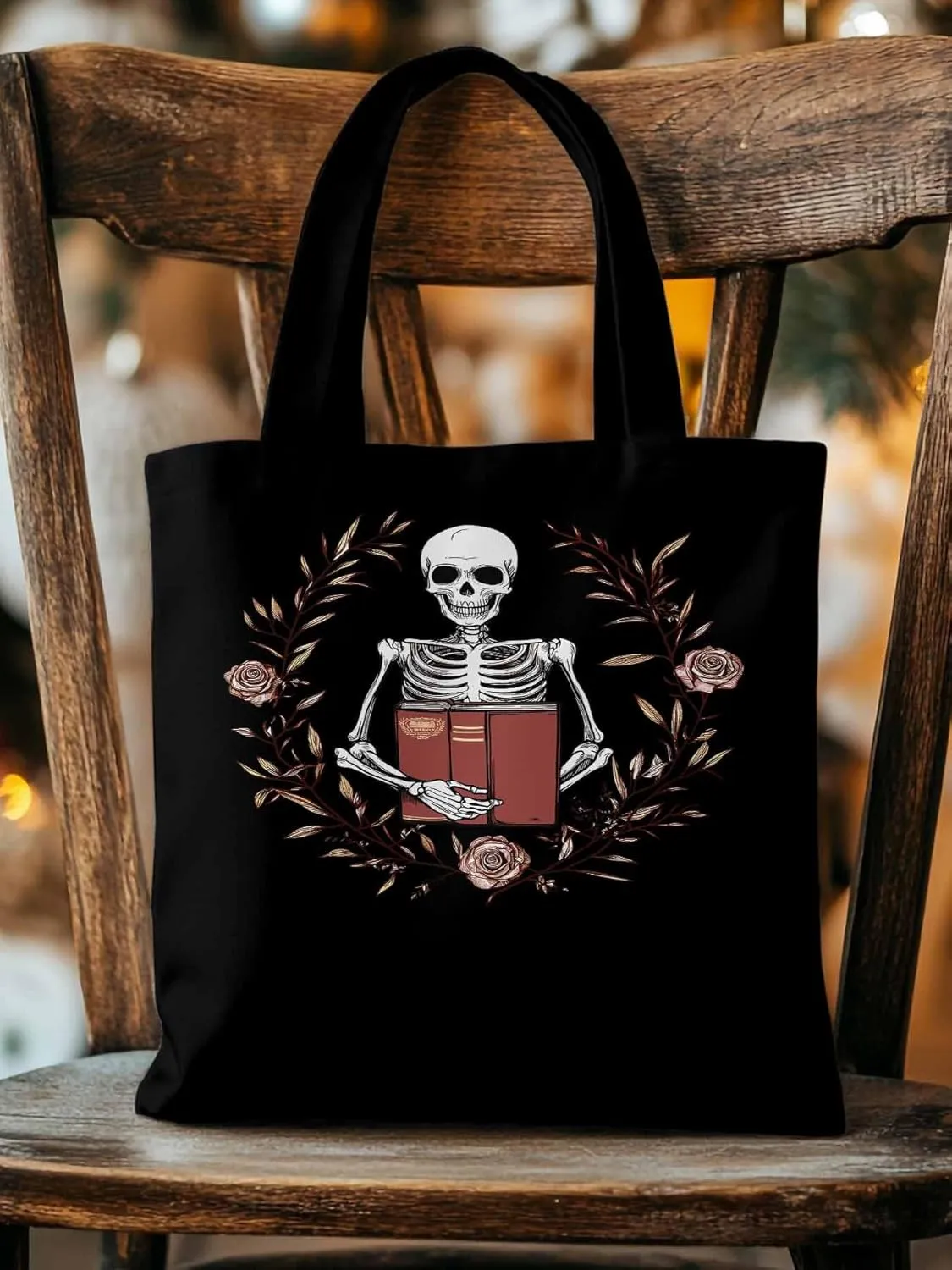Canvas Tote Bag, Valentine's Day Skull Rose Floral Plant patterned Canvas Tote Handbags for Women Shoulder Bag,