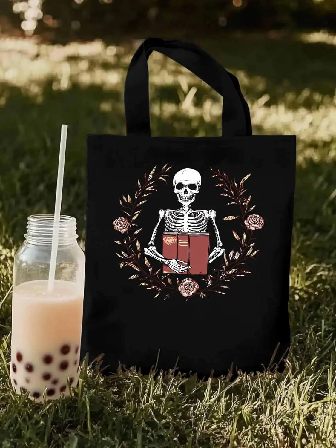 Canvas Tote Bag, Valentine's Day Skull Rose Floral Plant patterned Canvas Tote Handbags for Women Shoulder Bag,