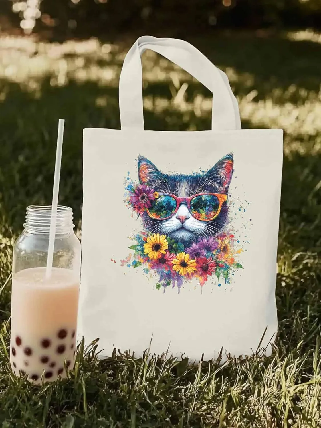 Canvas Tote Bag, Watercolor Cat Sunflowers patterned Canvas Tote Handbags for Women Shoulder Bag,