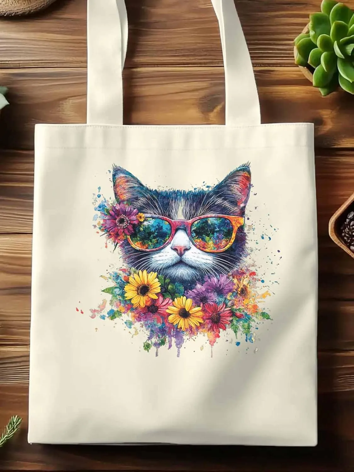 Canvas Tote Bag, Watercolor Cat Sunflowers patterned Canvas Tote Handbags for Women Shoulder Bag,