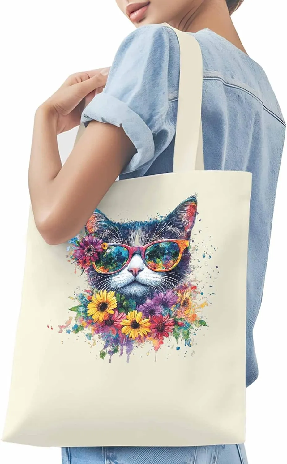 Canvas Tote Bag, Watercolor Cat Sunflowers patterned Canvas Tote Handbags for Women Shoulder Bag,