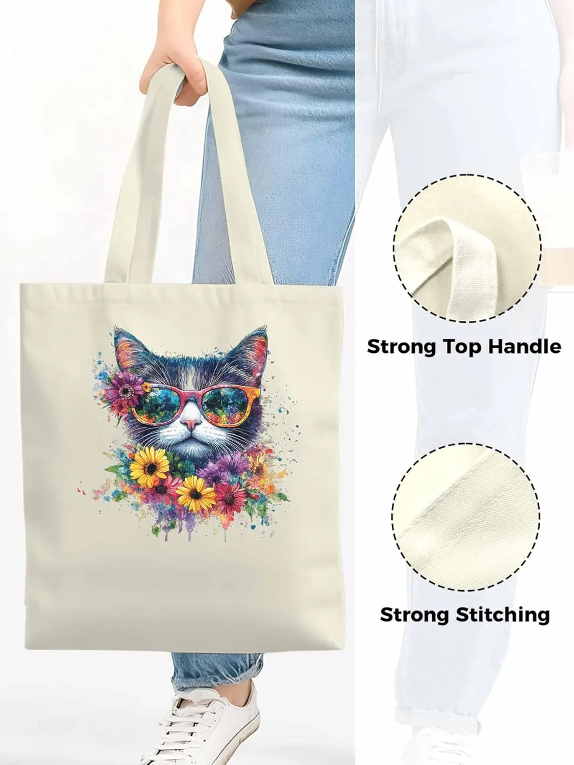 Canvas Tote Bag, Watercolor Cat Sunflowers patterned Canvas Tote Handbags for Women Shoulder Bag,